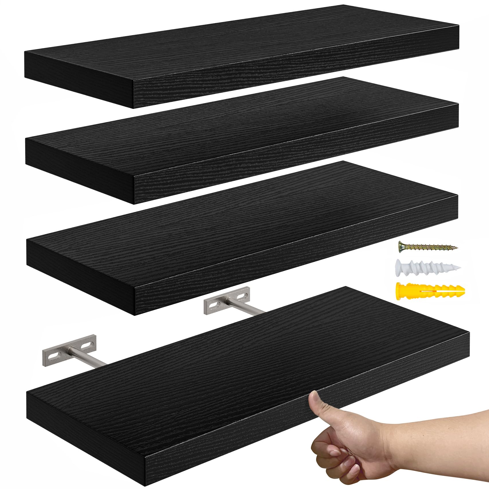 YUFLINX 16’’Black Floating Shelves for Wall Set of 4,Rustic Wood Shelf for Room Decor/Storage/Display,Small Bookshelf,Wall Mounted Hanging Shelves for