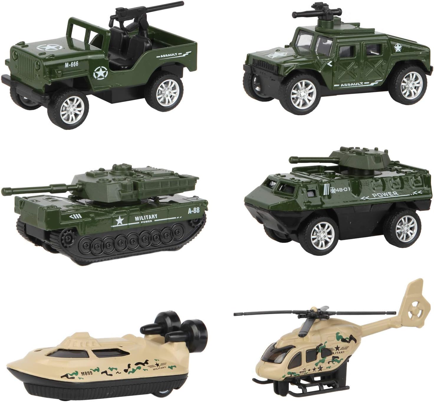 Die-Cast Military Vehicles - 6 Pack Alloy Metal Army Car Toys for Boys - Tank, Jeep, Panzer, Helicopter, Anti-Air and Hovercraft Vehicle | Best Toy Gift for 3 4 5 6 7 Year Old Boys Kids
