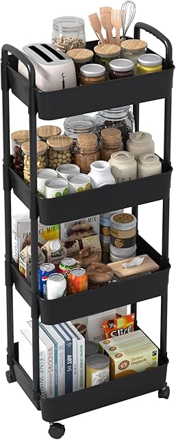Sywhitta 4-tier Trolley on Wheels, Kitchen Storage Utility Cart, Rolling Storage Rack for Bedroom, Bathroom, Office, Black