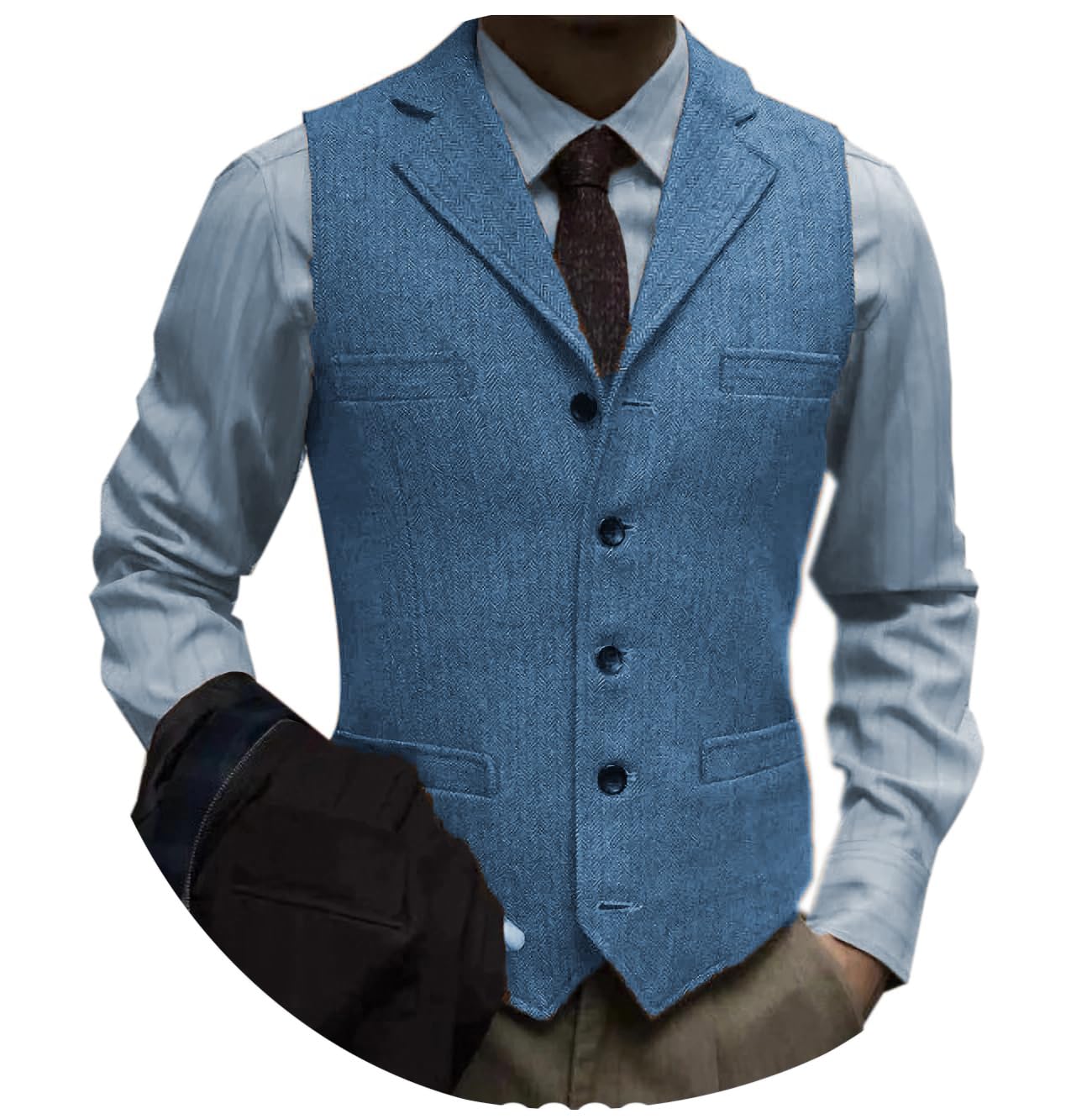 Tuikayoo Men's Tweed Suit Vintage Vest Herringbone Wool Prom Waistcoat Groomsmen, Blue, XS