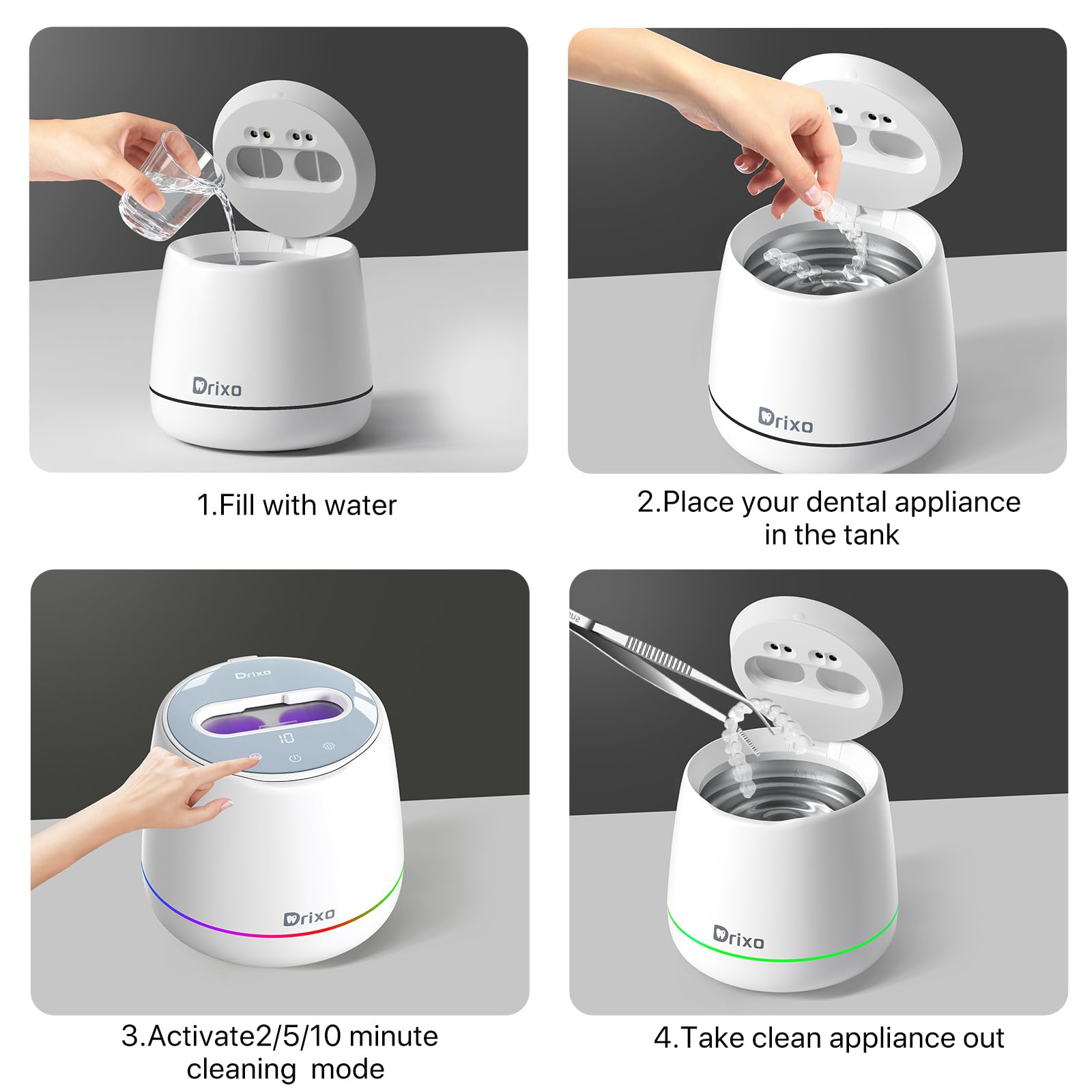 Drixo Limpiador Ultrasonidos Dental y Férula, 45kHz 24W Ultrasonic Cleaner, Máquina 200ML para Alineadores Invisibles, Retenedores, Dentaduras y Brackets, IPX6 Impermeable, 9 Modos, Marfil