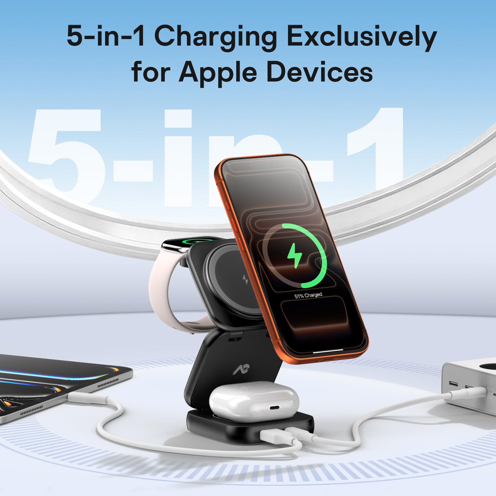 AC Island 5 in 1 iPhone Ladestation kompatibel mit Mag-Safe Ladegerät, Qi2 Faltbar Reisen Wireless Charger für iPhone 17/16/15/14/13/12 Series, AirPods Pro 3, Apple Watch - Schwarz(Mit 35W Stecker)