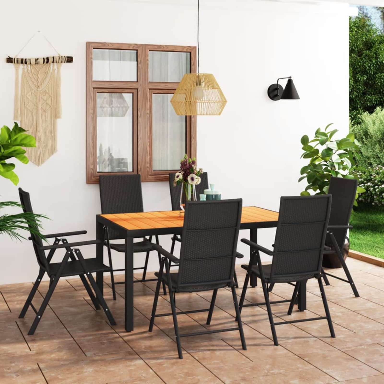 7-częściowy zestaw do jadalni ogrodowej w kolorze czarnym i brązowym, stół jadalny i krzesła, patio na zewnątrz, weranda, balkon, ogród, podwórko, zestaw mebli przy basenie, typ 3