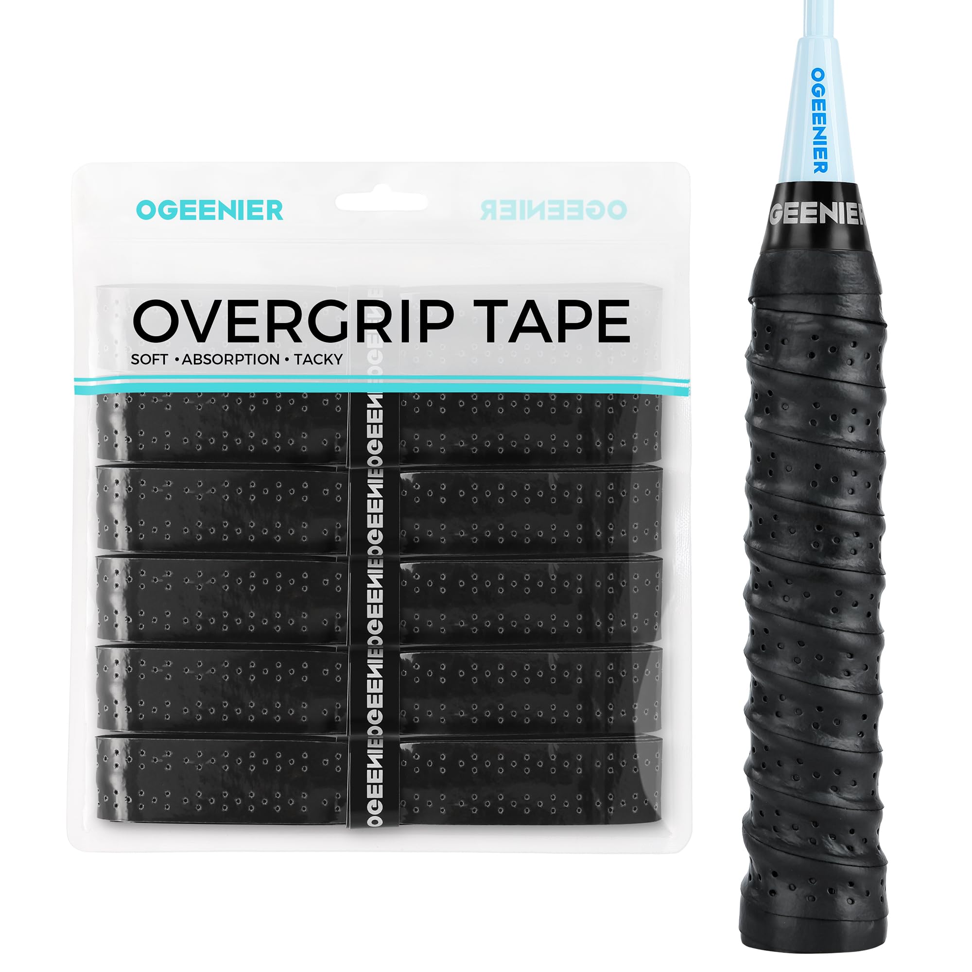 OGEERNIER PU Badminton Racket Grip, 6 Pack Anti-slip Squash/Padel/Tennis Racket Grip Tape, Perforated Super Absorbent Racquet Tape