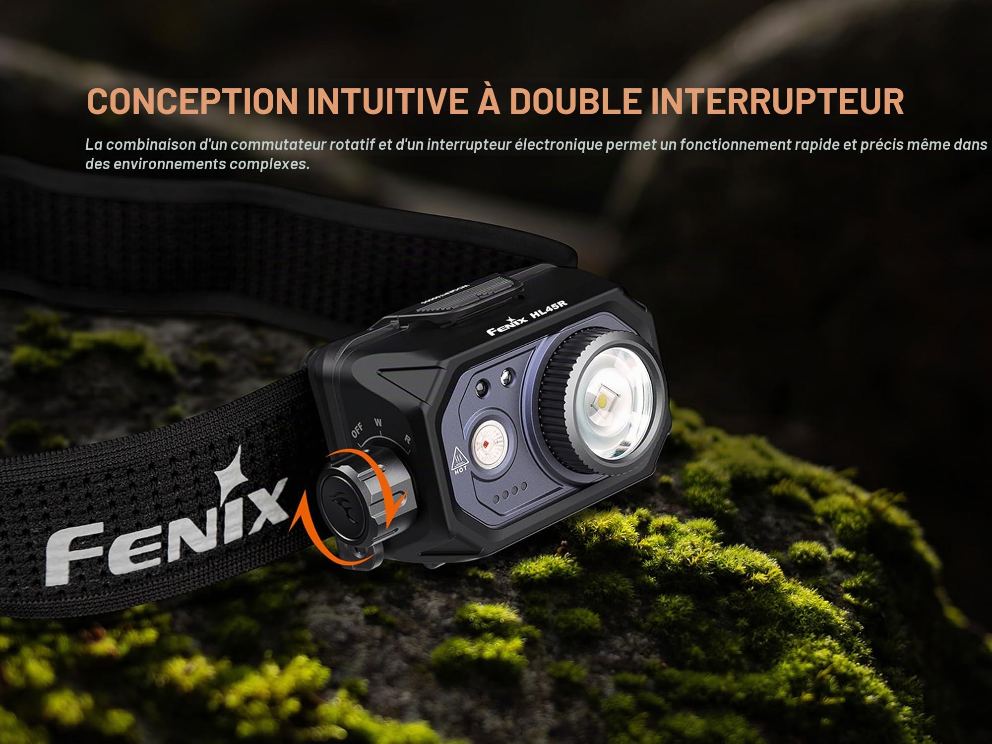 FENIX HL45R Lampe frontale rechargeable pour extérieur/travail/multifonction | 1000 lumens | 220 m | 124 heures maximum | Faisceau principal blanc, prise en charge du faisceau rouge, contrôle rotatif