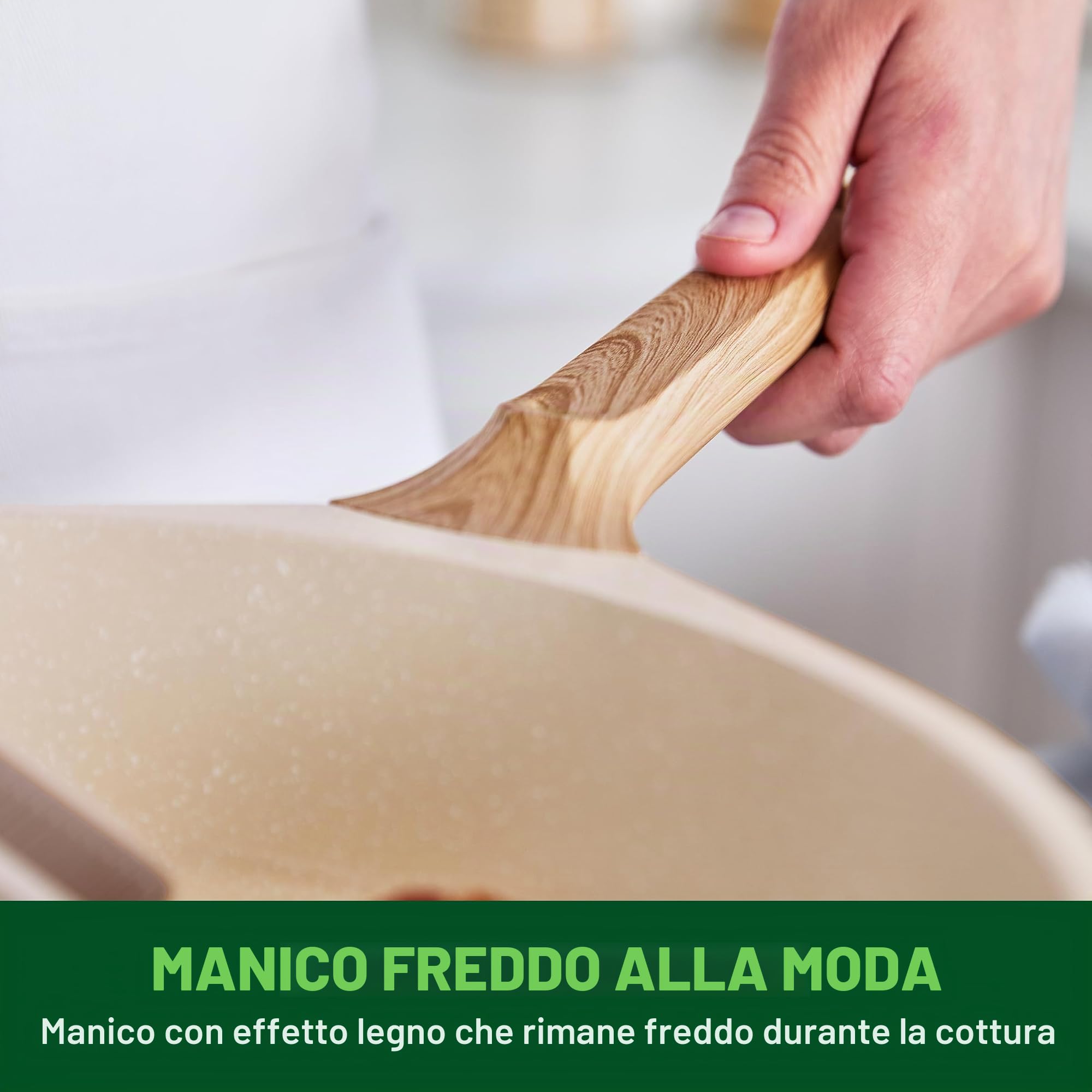 GreenChef Arte - Set di 8 pentole rivestite in ceramica, con manico in legno, colore: bianco crema