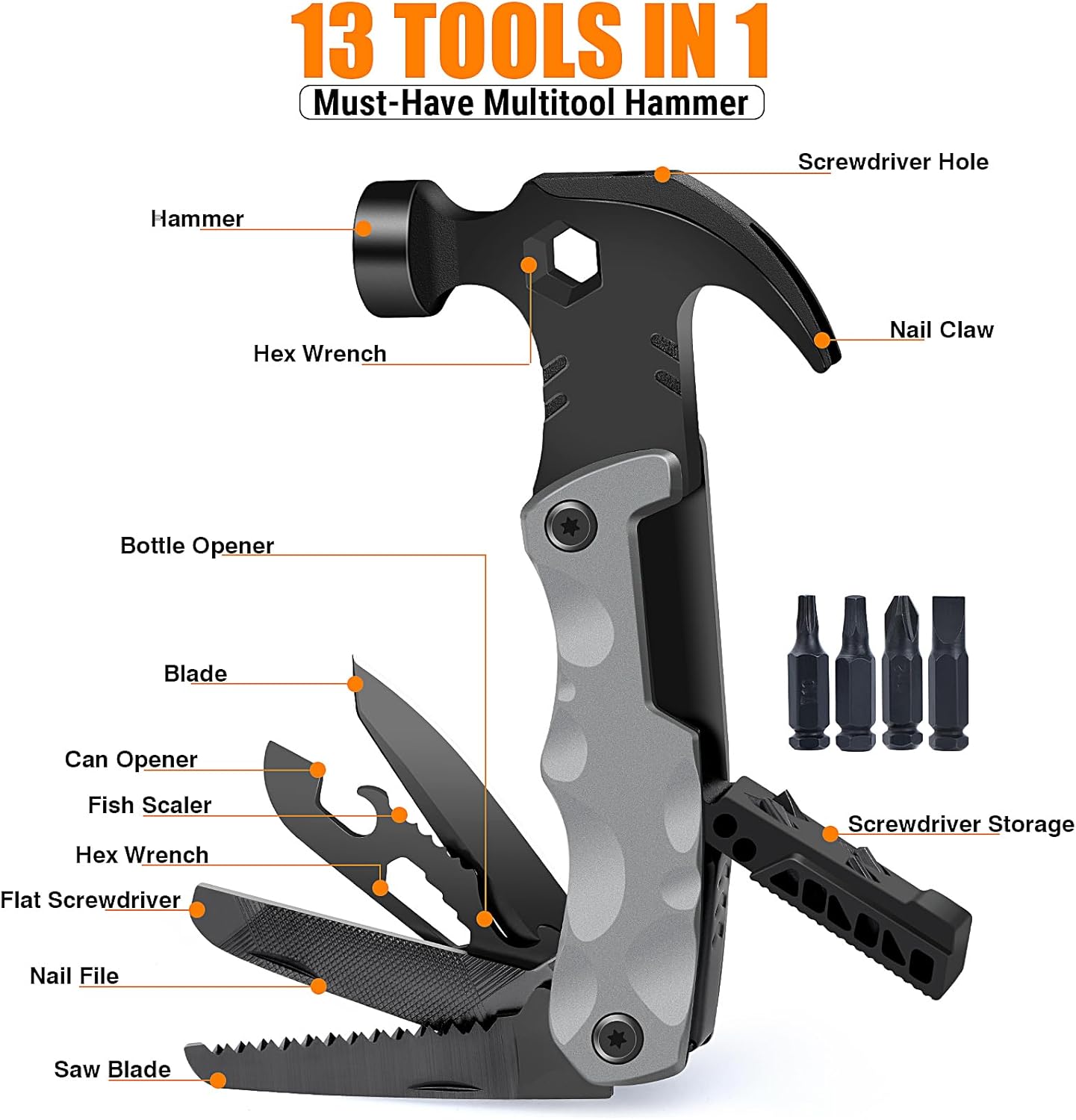 Camping Multitool Accessories Gifts for Men Him Dad Husband -13 in 1 Multi Tool with EDC Gadget, Hammer, Bottle Opener, Screwdriver, Camping Gear for Outdoor, Gardening, Repair, DIY - Image 2