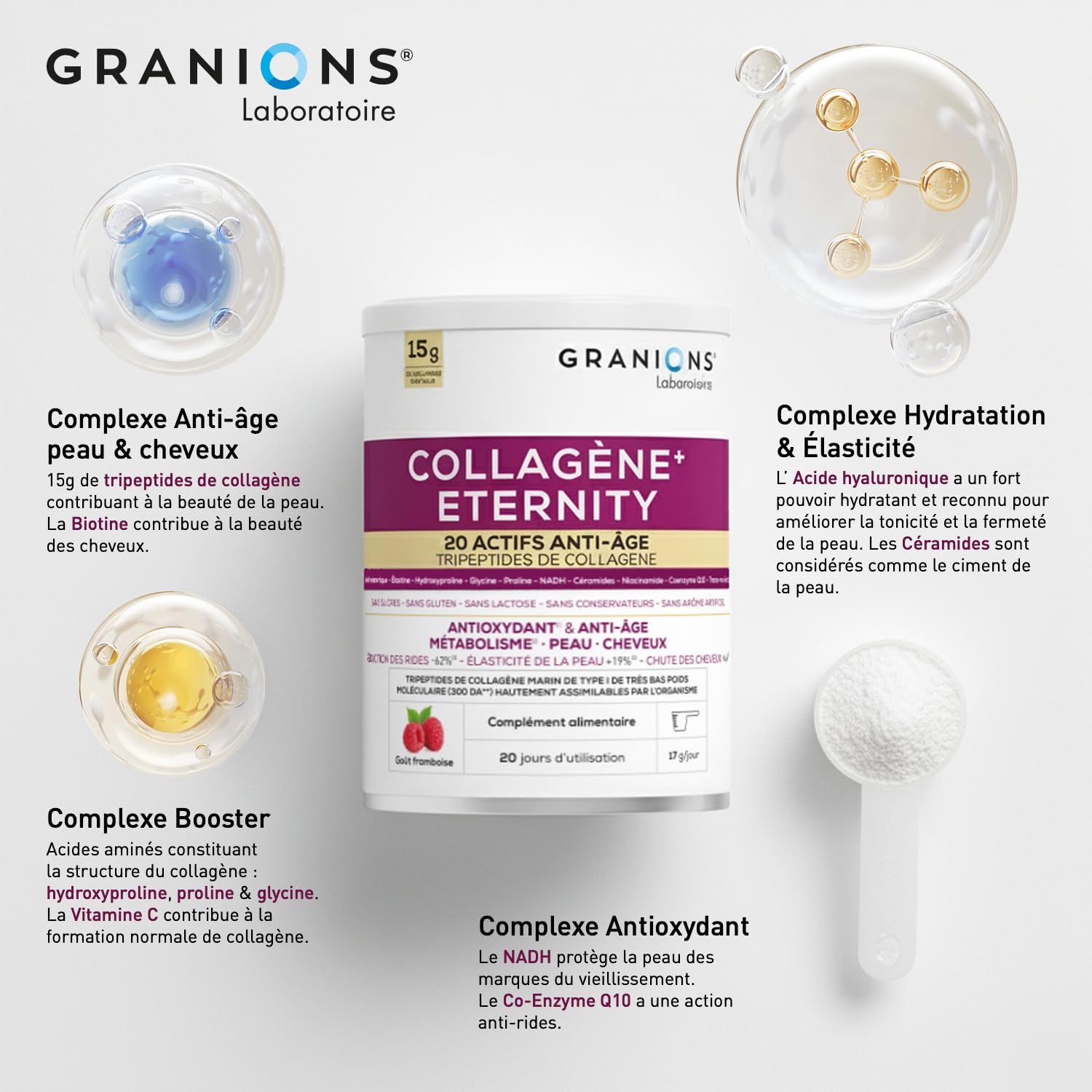 Collagene Marin Poudre - Granions Eternity - Acide Hyaluronique - 343g | Collagene Marin Tripeptides, Collagene Hydrolysé, Coenzyme Q10, Biotine, Anti-âge, Hydratation De La Peau, Pousse du cheveux