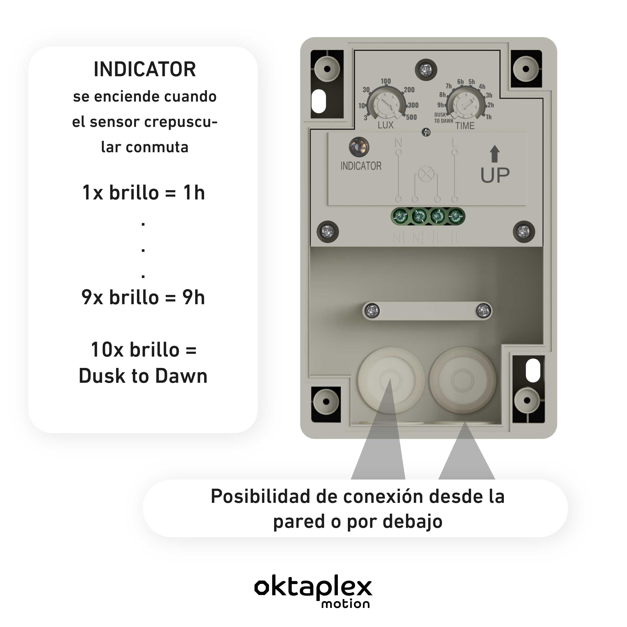 Oktaplex Bela interruptor crepuscular exterior con temporizador de apagado IP65 230V gris-blanco sensor crepuscular ajustable