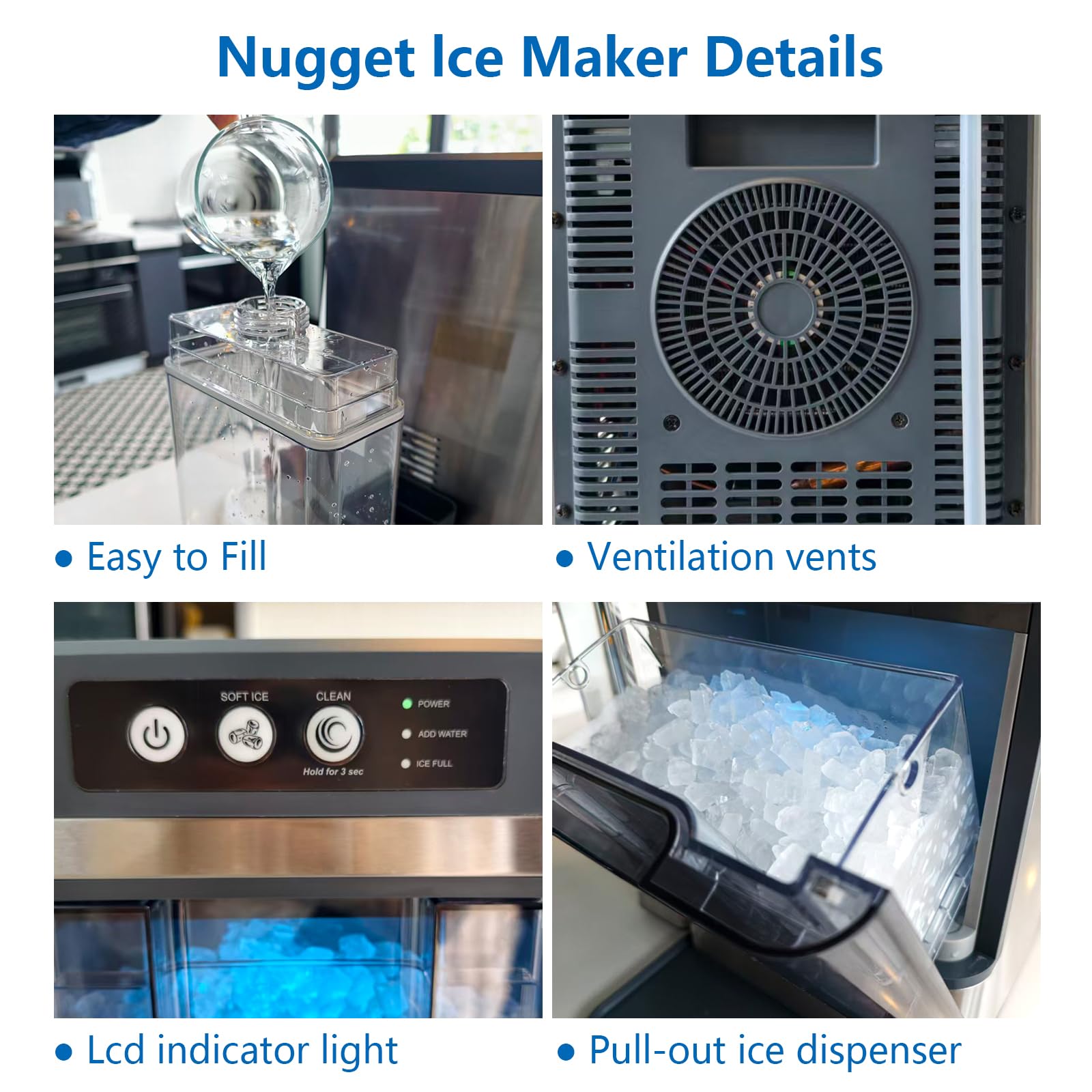 Nugget Ice Makers Countertop 42lbs/Day Large Capacity One-Click Operation Self-Cleaning Portable Ice Maker with A Detachable 3L Water Tank Scoop Included Ice Machine for Home/Kitchen/Office — view 5