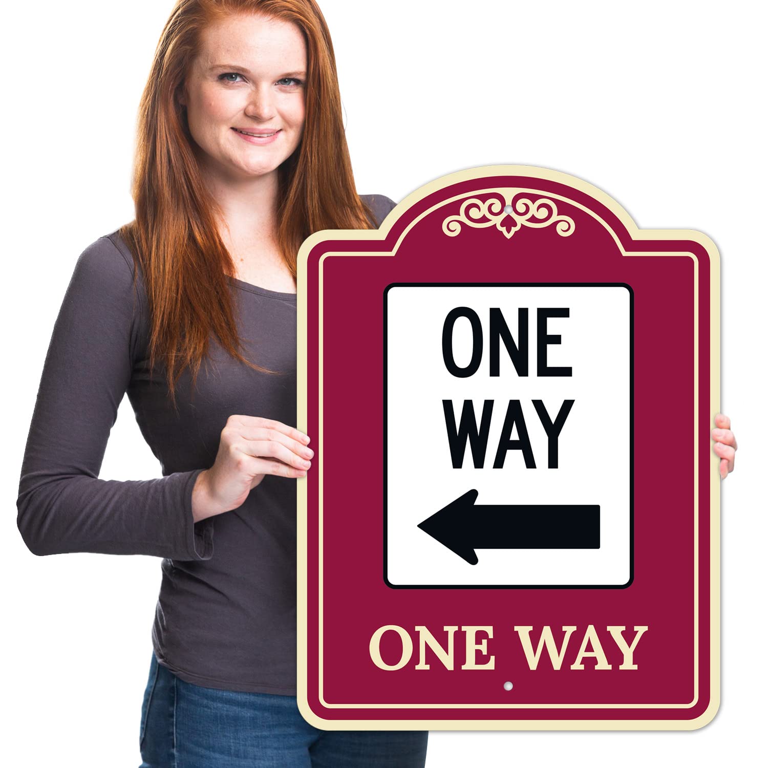 One Way with Left Arrow Décor Sign, (SI-73907) Burgundy Dark, 18x24 Inches, ACM, Fade Resistant, Made in USA