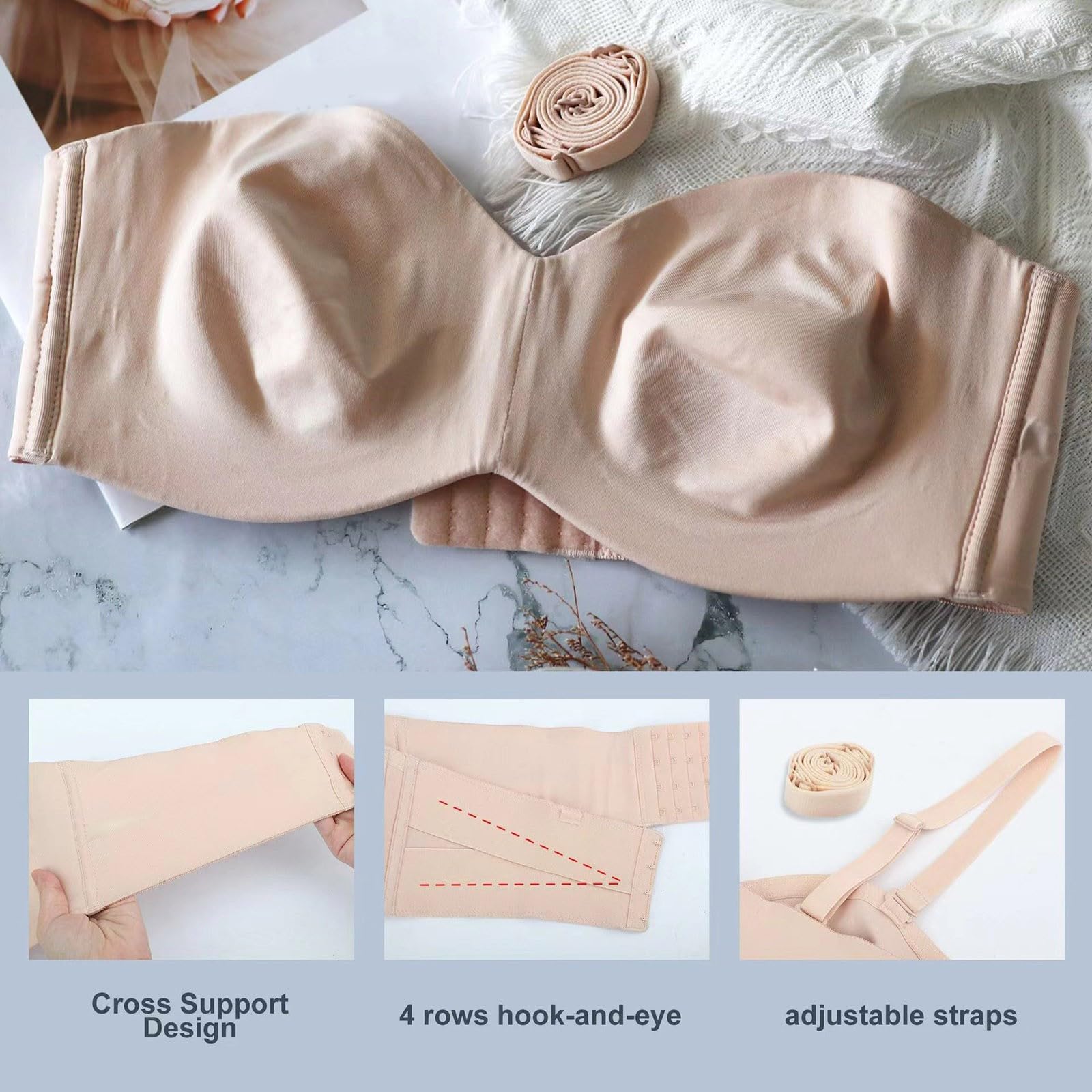 Reggiseno Sexy da Donna con Spalline Rimovibili, Tipo Top A Tubo, Intimo Ultra Sottile, Beige, 44F(Beige,36E)