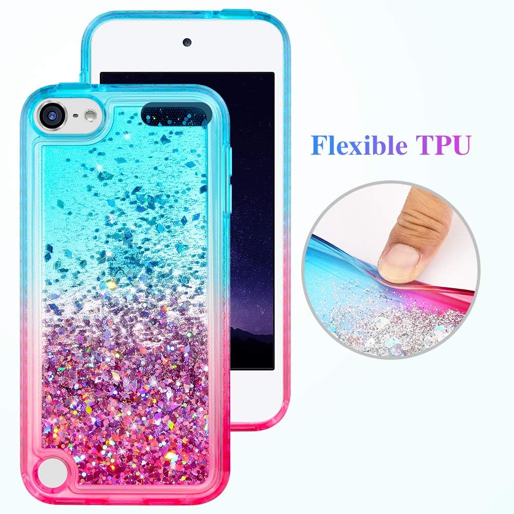 iPod Touch 5 6 7 Case, iPod Touch Case 5th 6th 7th Generation for Girls, Ruky Quicksand Series Glitter Flowing Liquid Floating Bling Diamond Flexible TPU Cute Case for iPod Touch 5 6 7 (Teal Pink)