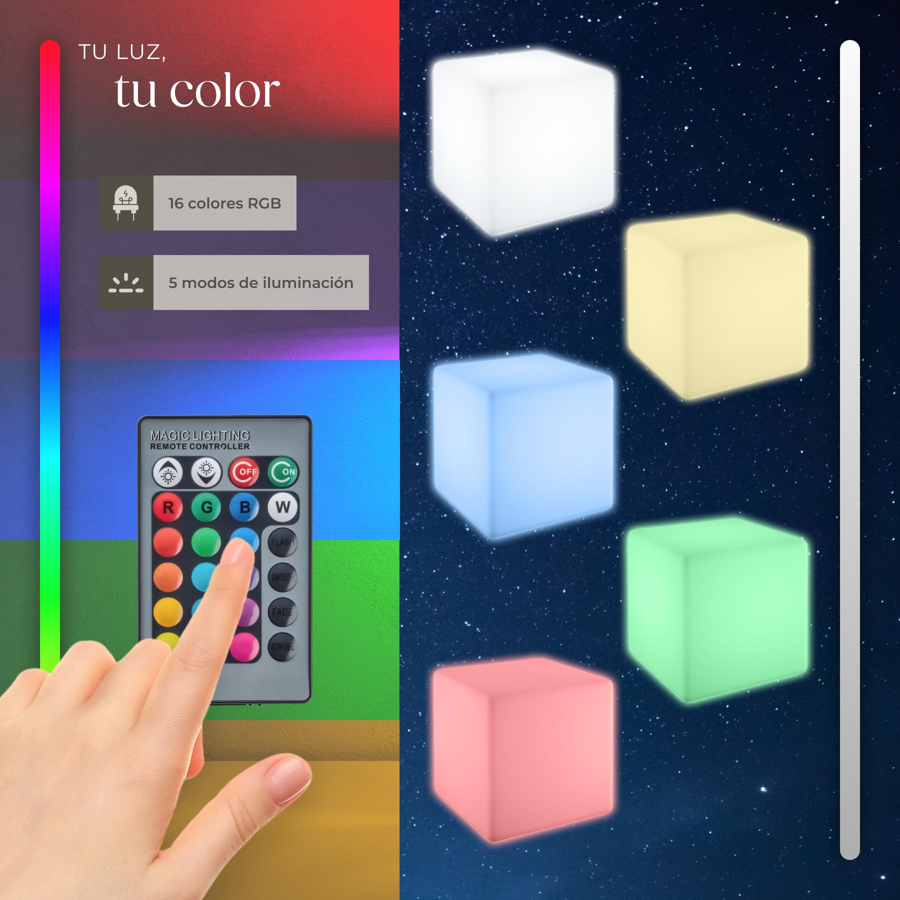 tectake® Cubo Led con Mando y Luz Nocturna 43 x 43 x 43 cm, Luces Led Habitacion para Decoracion Hogar y Jardin, Luces Terraza, Iluminación Jardin, Lampara Exterior, Decoración Habitación