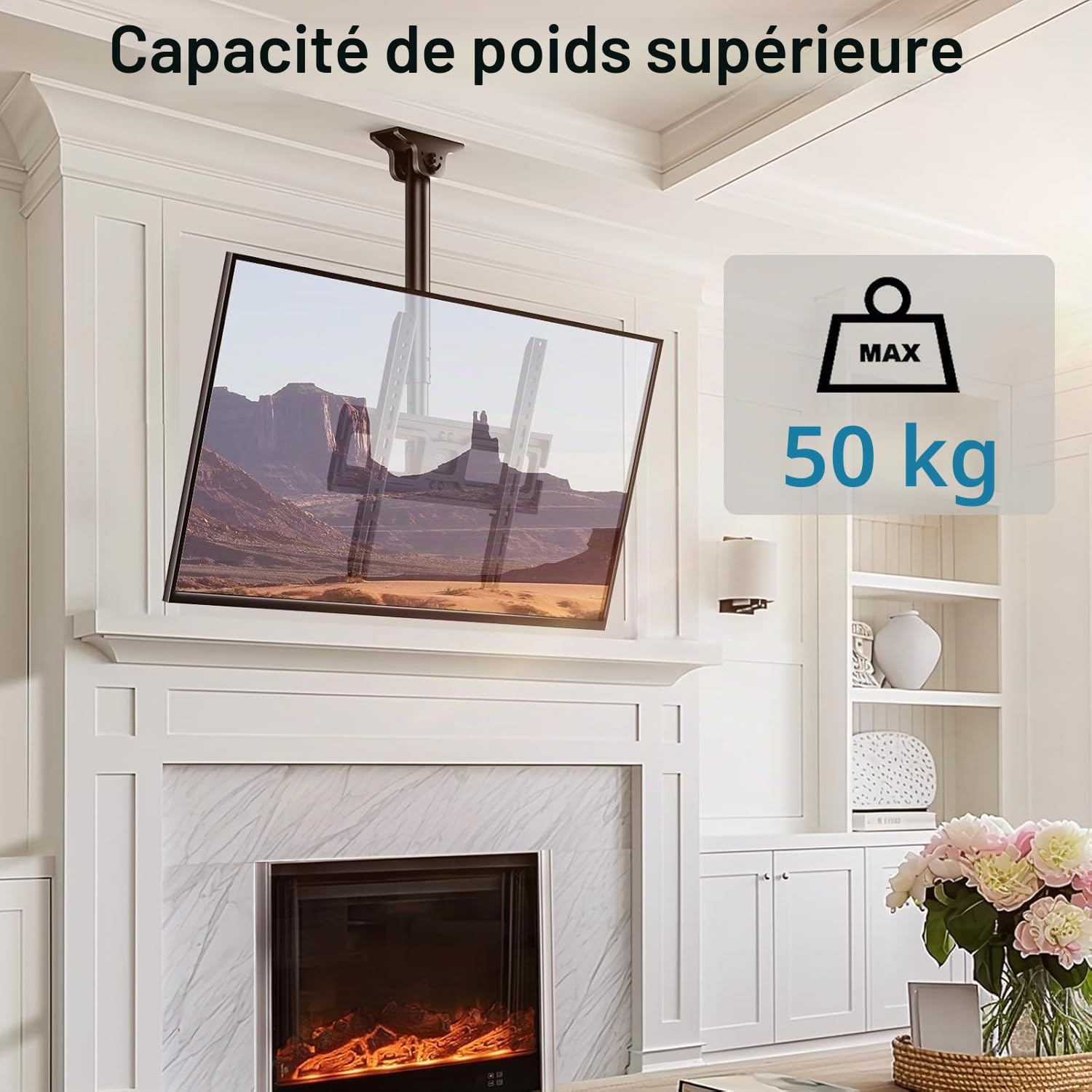Support TV Plafond - Support de Téléviseur Inclinable et Pivotant Ajustable pour l’Écran de 26 à 65 Pouces - Support de Toiture Full-Motion Supporte 50 kg avec VESA 400 x 400mm