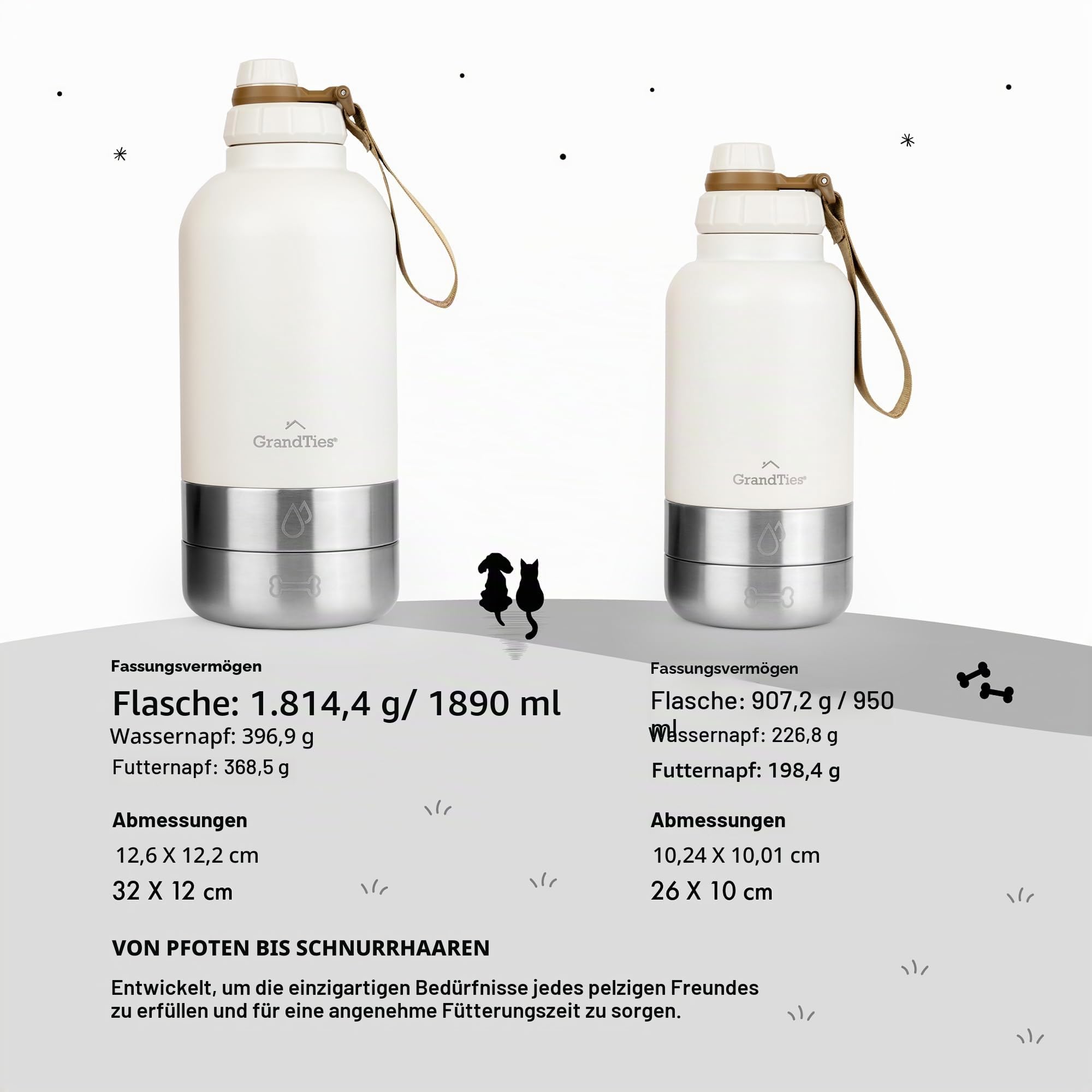 GrandTies Isolierte tragbare Hundewasserflasche mit 2 abnehmbaren Hundenapfspender, auslaufsicherer Reisebehälter für Hundefutter, Hundezubehör für Spaziergänge, Wandern, Camping (950 mL, Pudergrün)