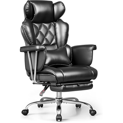 DEVAISE Executive Ergonomic Leather Home Office Chair with Footrest, Comfy Reclining Big and Tall Desk Chair with Lumbar Support, Heavy Duty, SGS Class 4 Gas Lift, Black