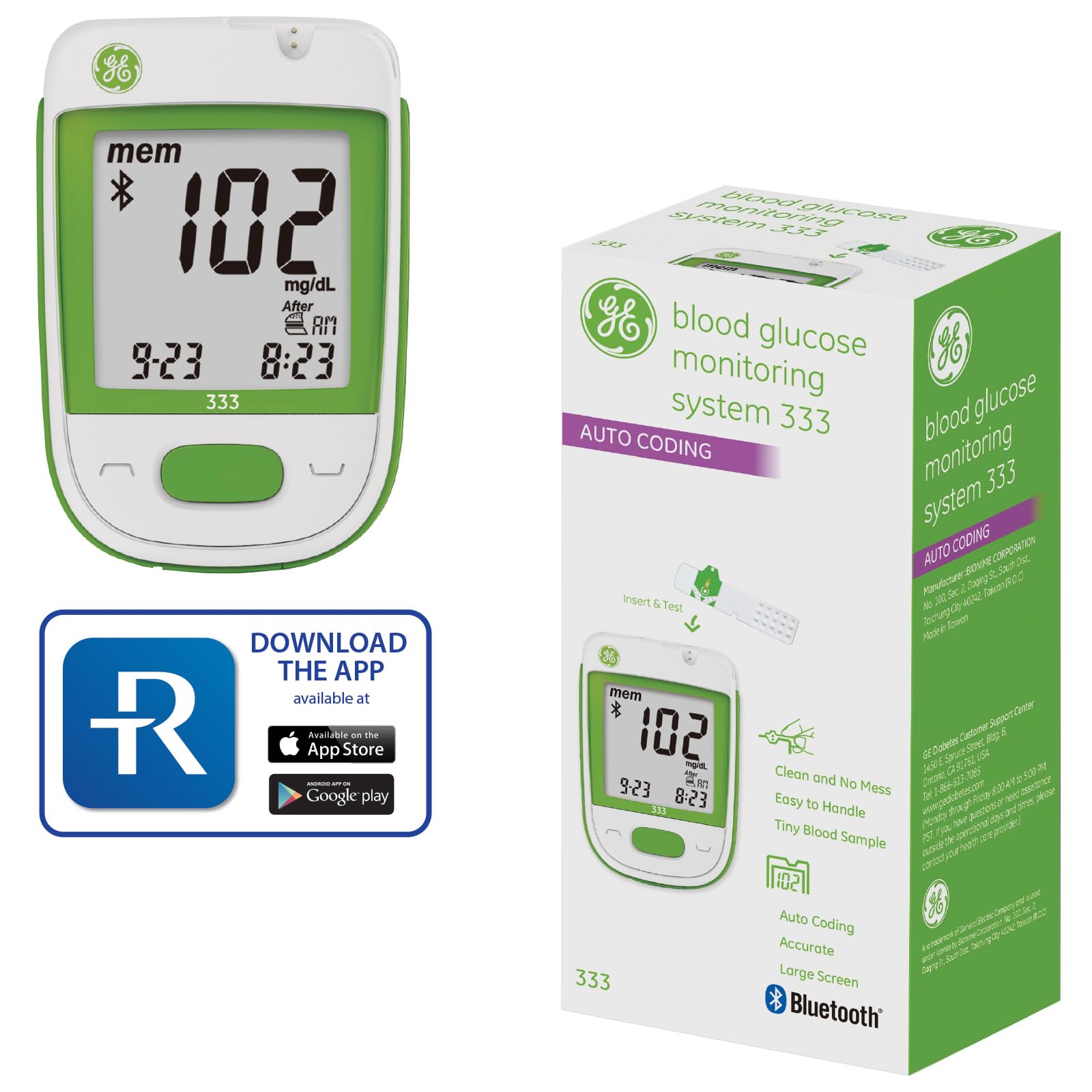 GE333 Smart Blood Glucose Monitoring System | Glucometer | Auto Coding | 5-Second Results | Bluetooth Rightest CARE App Connection | Easy-to-read Display
