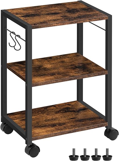 ALLOSWELL Mobile Printer Stand, 3-Tier Printer Cart Under Desk with Storage, Industrial Rolling Cart with 2 Hooks, Sturdy Little Cart on Wheels for Home Office, Rustic Brown and Black PTHR4001