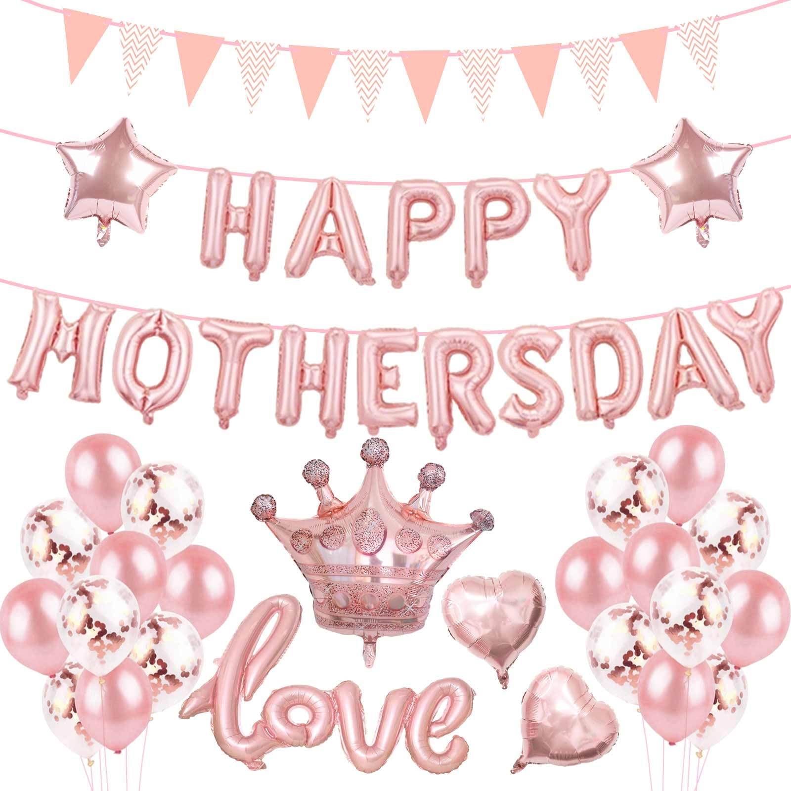 Photo 1 of GULWAT 42 PCS Mother's Day Balloons Banner Set - 16 Inch Pink Rose Gold Letter Balloons with Star Heart Shapes, Party Decorations Supplies for Women Mom Celebration