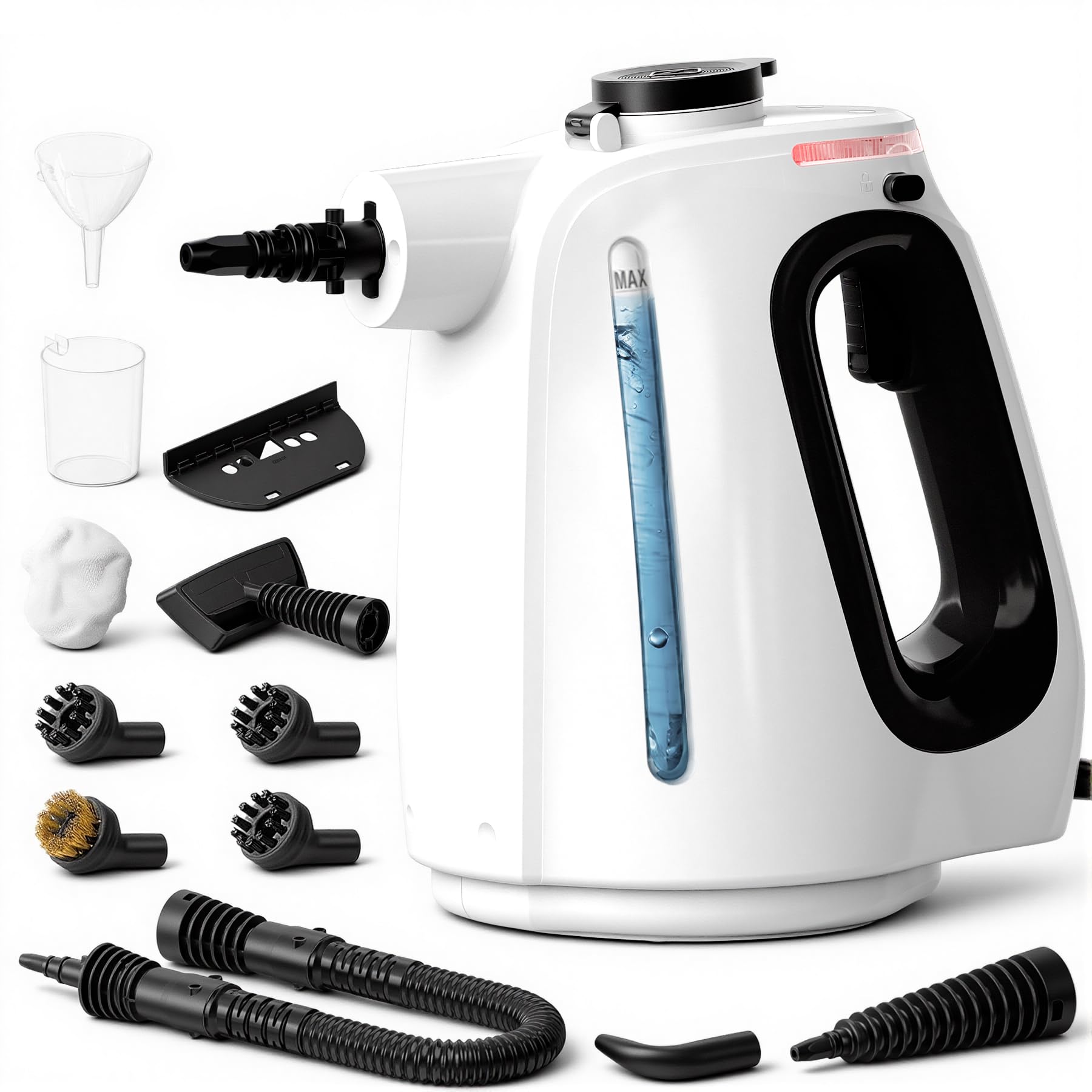 Pulitore a Vapore Portatile 1350W - Riscaldamento 15S, 3Bar, Steam Cleaner con 10 Accessori, Cavo da 3M, Serbatoio 550ML, Vapore a 16 Minuti, Ideale per Tappezzerie, Cucina e Auto