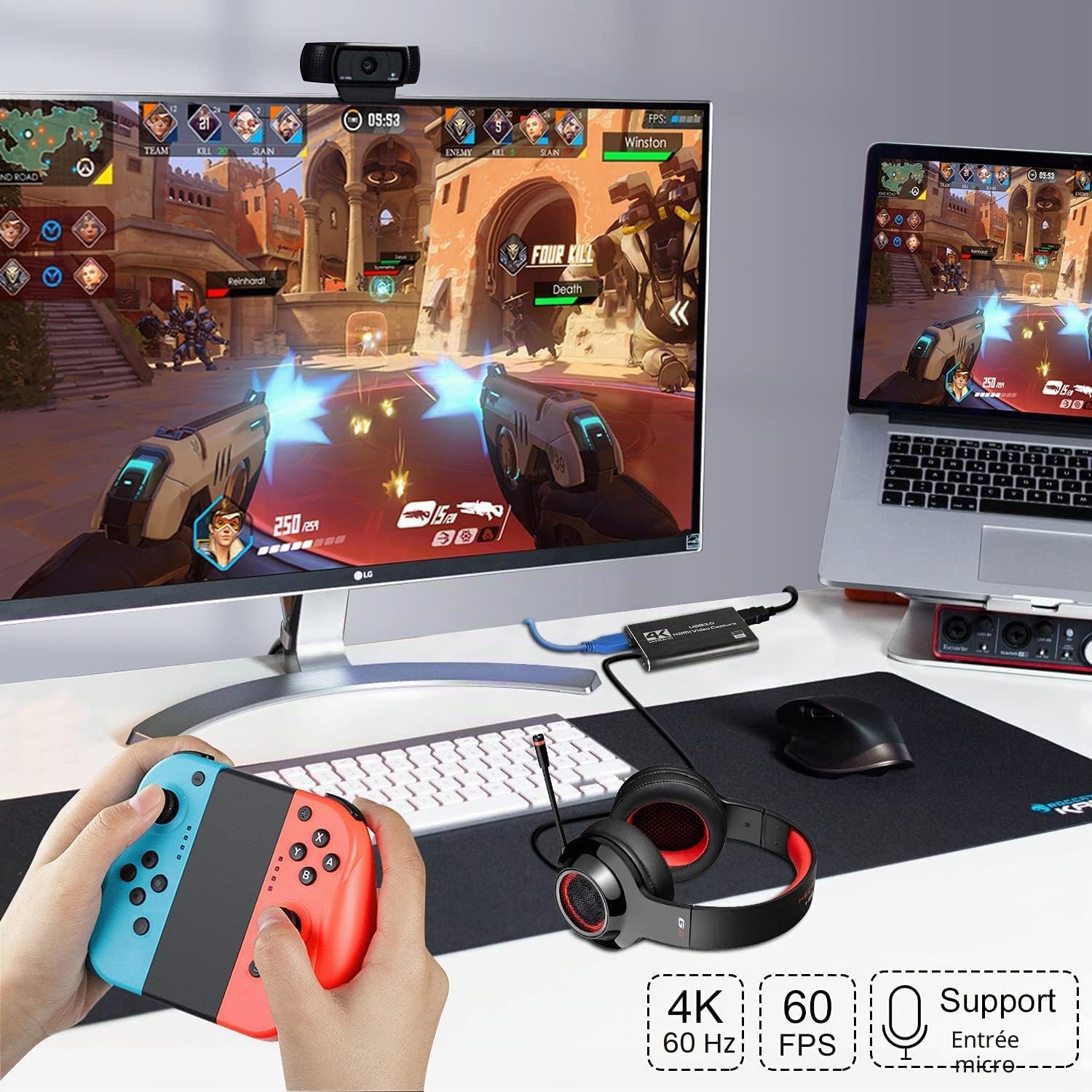 Carte de capture vidéo HDMI Azuxreza pour commutateur, 4K pour le streaming avec USB 3.0 et 2K 30 FPS Game Capture pour Nintendo Switch/PS5/Xbox/PS4/Steam Deck