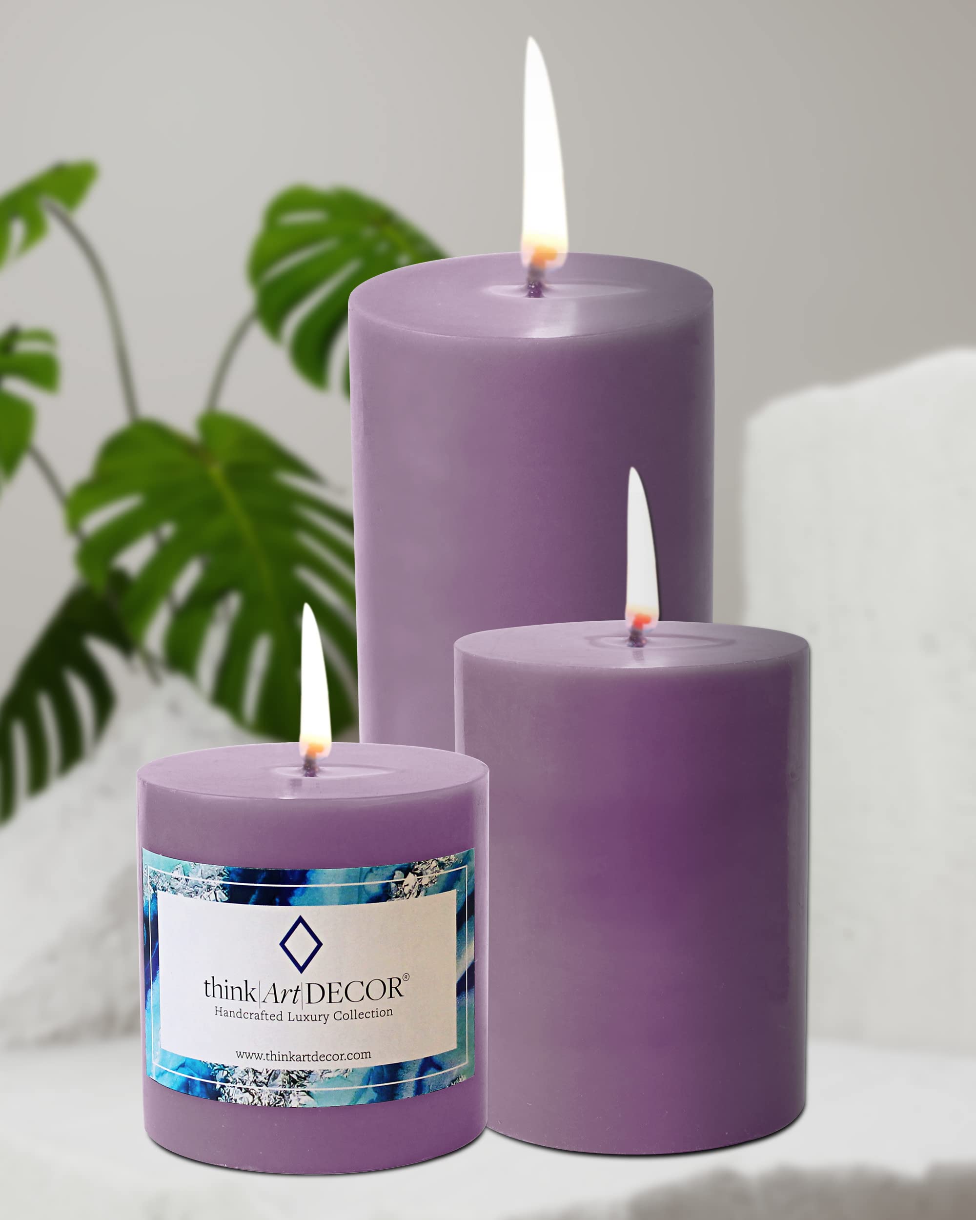 ThinkArtDecor Unscented Pillar Candles Set of 3 | 55, 70, 90 Hrs | 3, 4, 6 inches Smokeless & Dripless Wax Candles for Home Decor | Lavender (B0B71Q2M97) Amazon Price History, Amazon Price Tracker