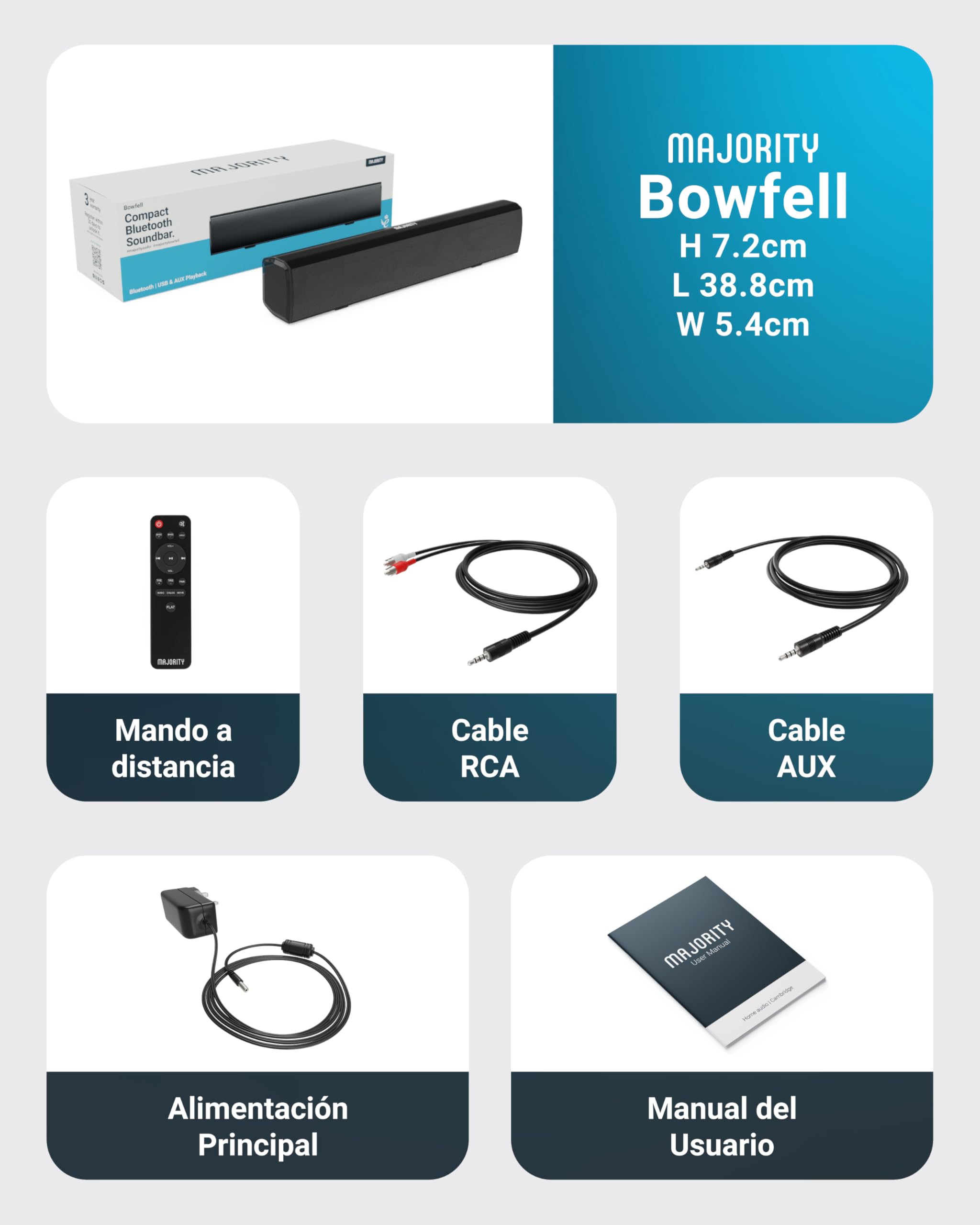 MAJORITY Bowfell Barra de Sonido TV | Bluetooth Barras de Sonido PC | 50W 2.0 Estéreo Altavoces TV | 39cm Soundbar | Altavoz Sound Bar Inalambrico Optico, USB, AUX | Mando a Distancia Incluido (Negro)
