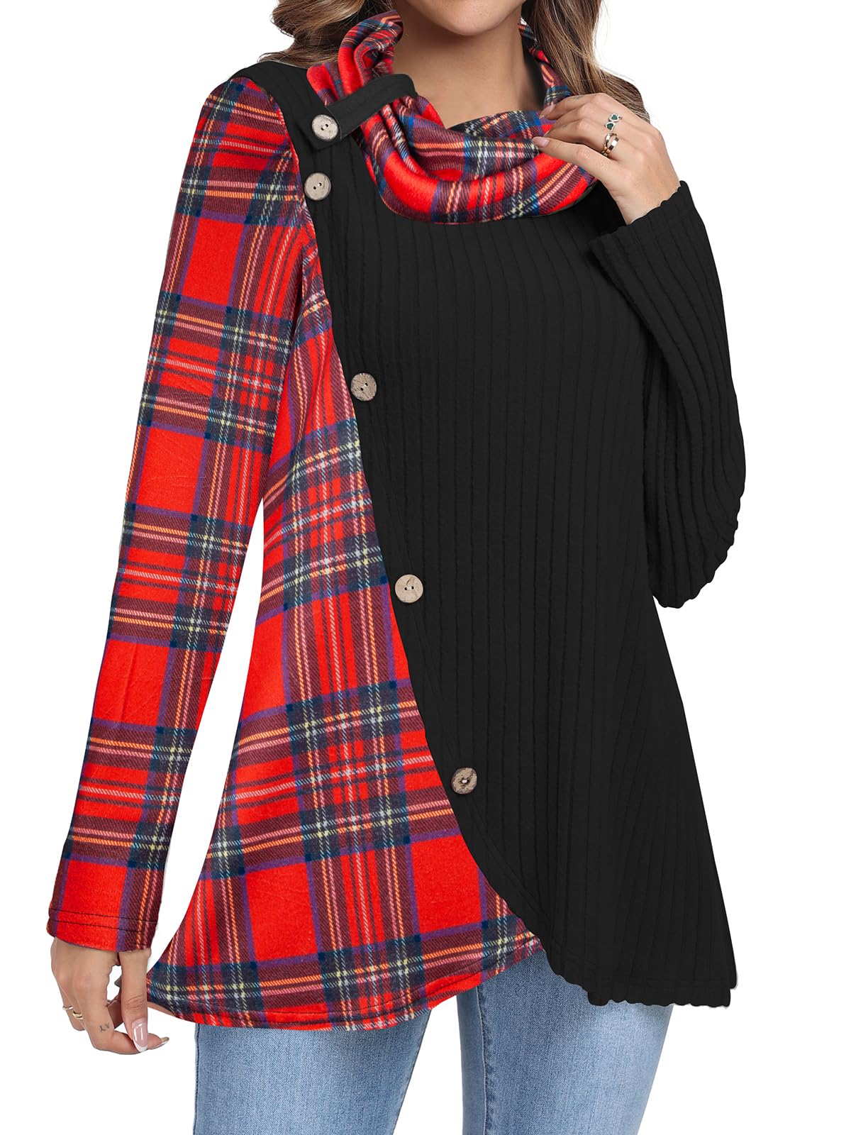 Cestyle Womens Cowl Neck Tunic Sweater Long Sleeve Christmas Sweatshirts Holiday Plaid Tops Winter