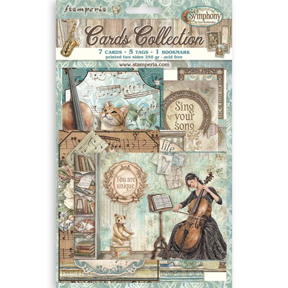 Stamperia - Cards Selection, Acid-Free, Printed on 2 Sides, Choice of Sizes and Designs, Perfect for Hobbies, Crafts, and Gifting (Symphony) (7 Cards, 5 Tags, 1 Bookmark)