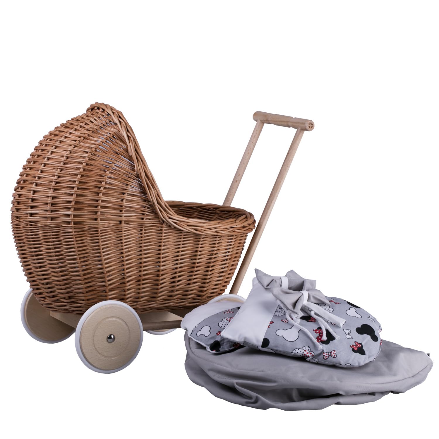 E-wicker24 Poussette De Poupée En Osier Tressé Main – Lit Bébé Avec Parure De Lit – Roues Caoutchouc – Cadeau Élégant
