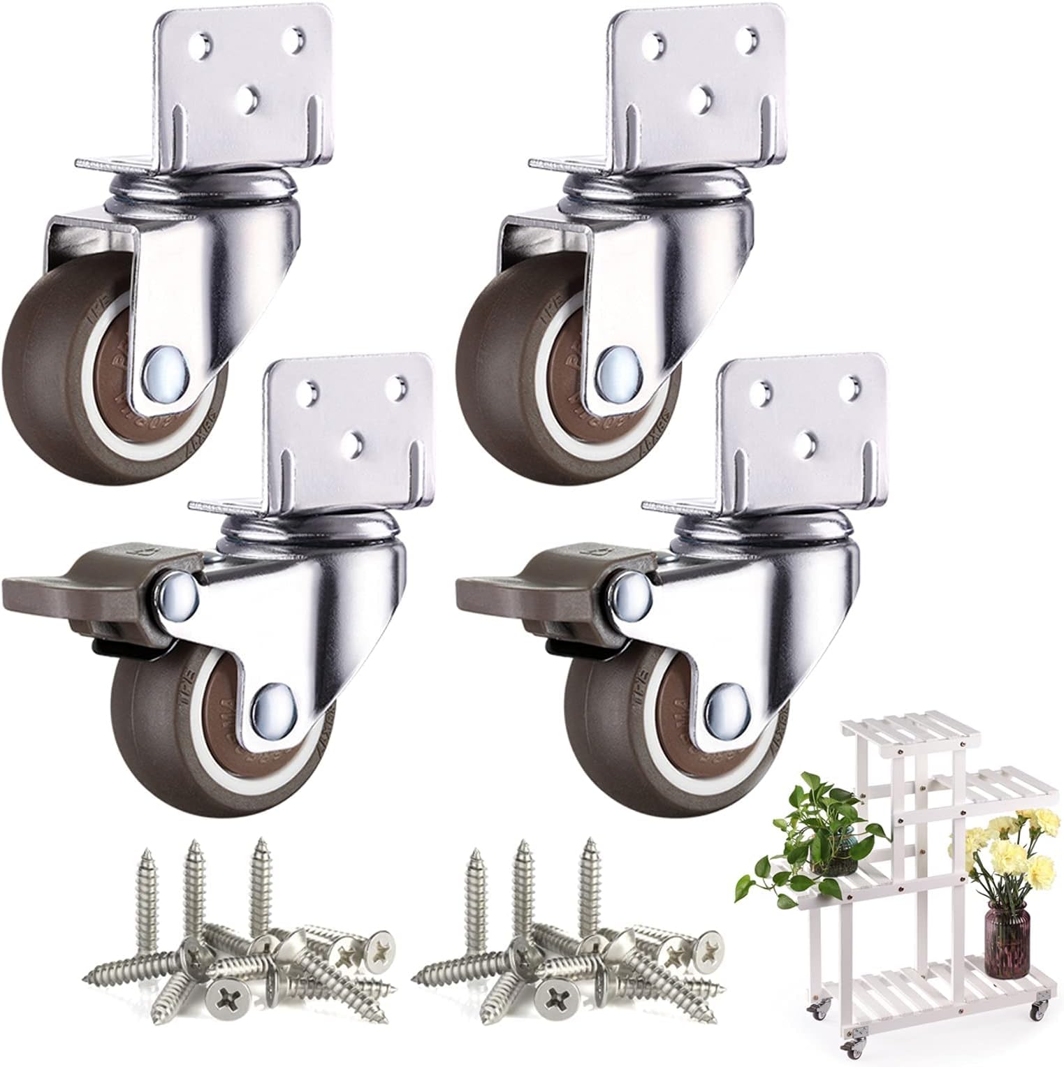 Heavy Duty Castor Wheels with Brake, 55 MM with Load Capacity 600 LBS, Set of 4 Furniture Castors Made of Thermoplastic Elastomer, Transport Castors with L-Mounting Plate, Rubber Trolley Wheels