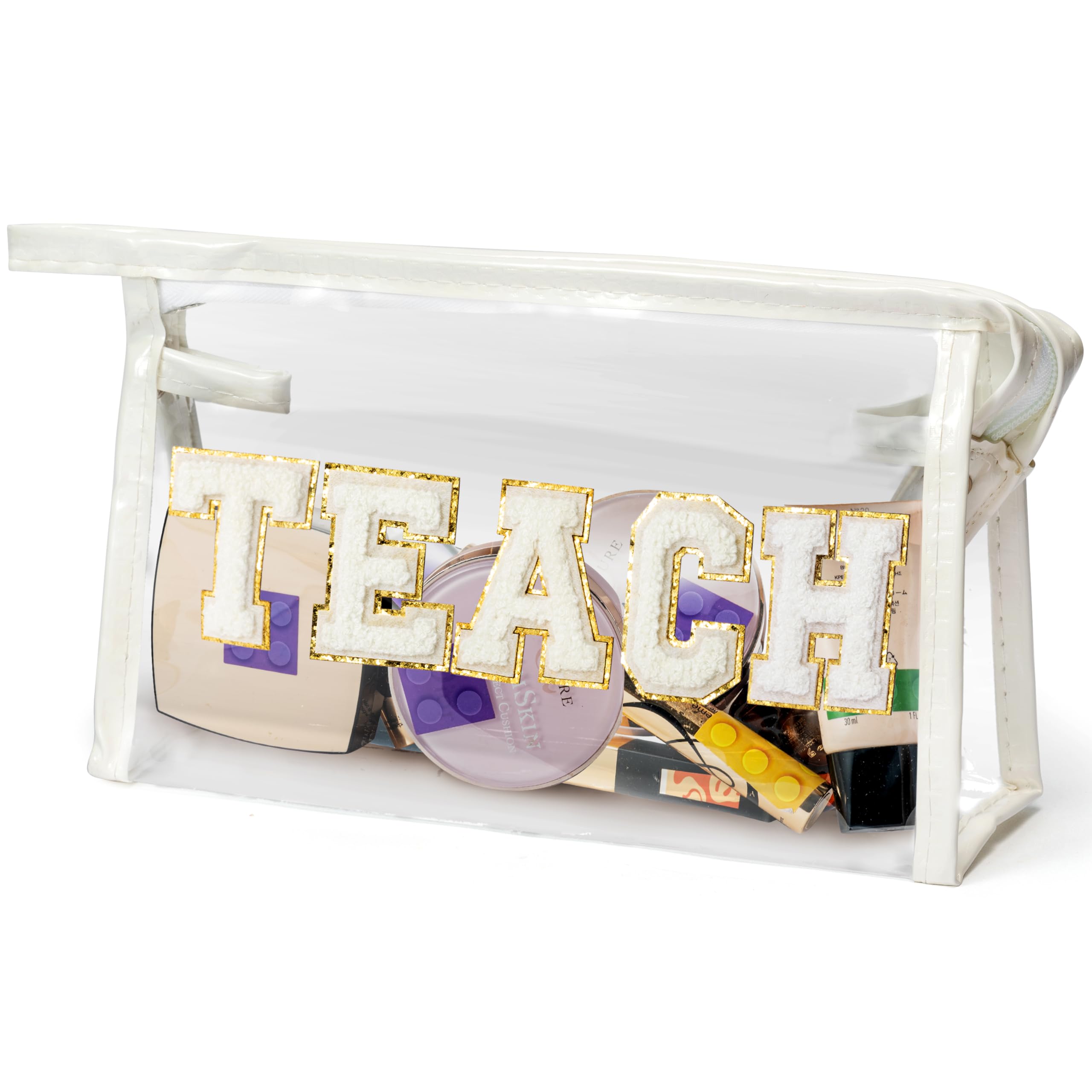 CY2SIDE TEACH Clear Makeup Bag - White TEACH Letter Patch Cosmetic Bag with Handle for Travel PVC Zipper Clear Toiletries Waterproof Portable Travel
