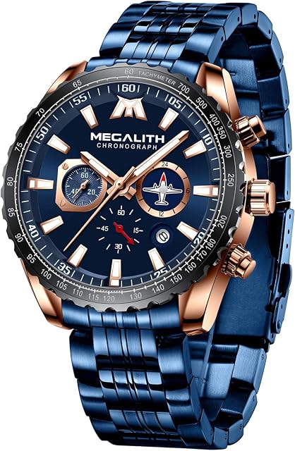 MEGALITH Mens Watches Designer Large Face Analogue Watch for Men Waterproof Stainless Steel Wrist Watch Luminous Date Gents Watches