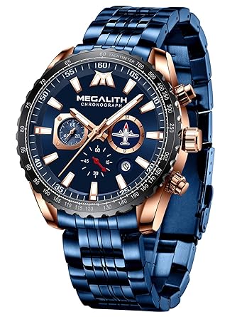 MEGALITH Mens Watches with Stainless Steel Waterproof Analog Quartz Fashion Business Chronograph Watch for Men, Auto Date