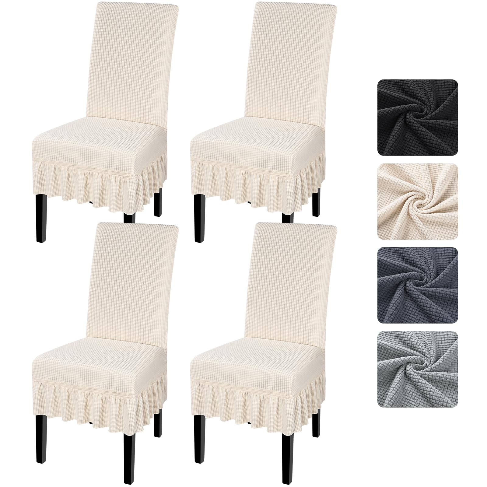 Alishomtll Stretch Waffle Dining Chair Covers Set of 4 with Ruffled Skirt, Removable Washable Universal Jacquard Chair Slipcovers for Dining & Swing Chairs, Ideal for Kitchen Hotel (White, 4 pcs)