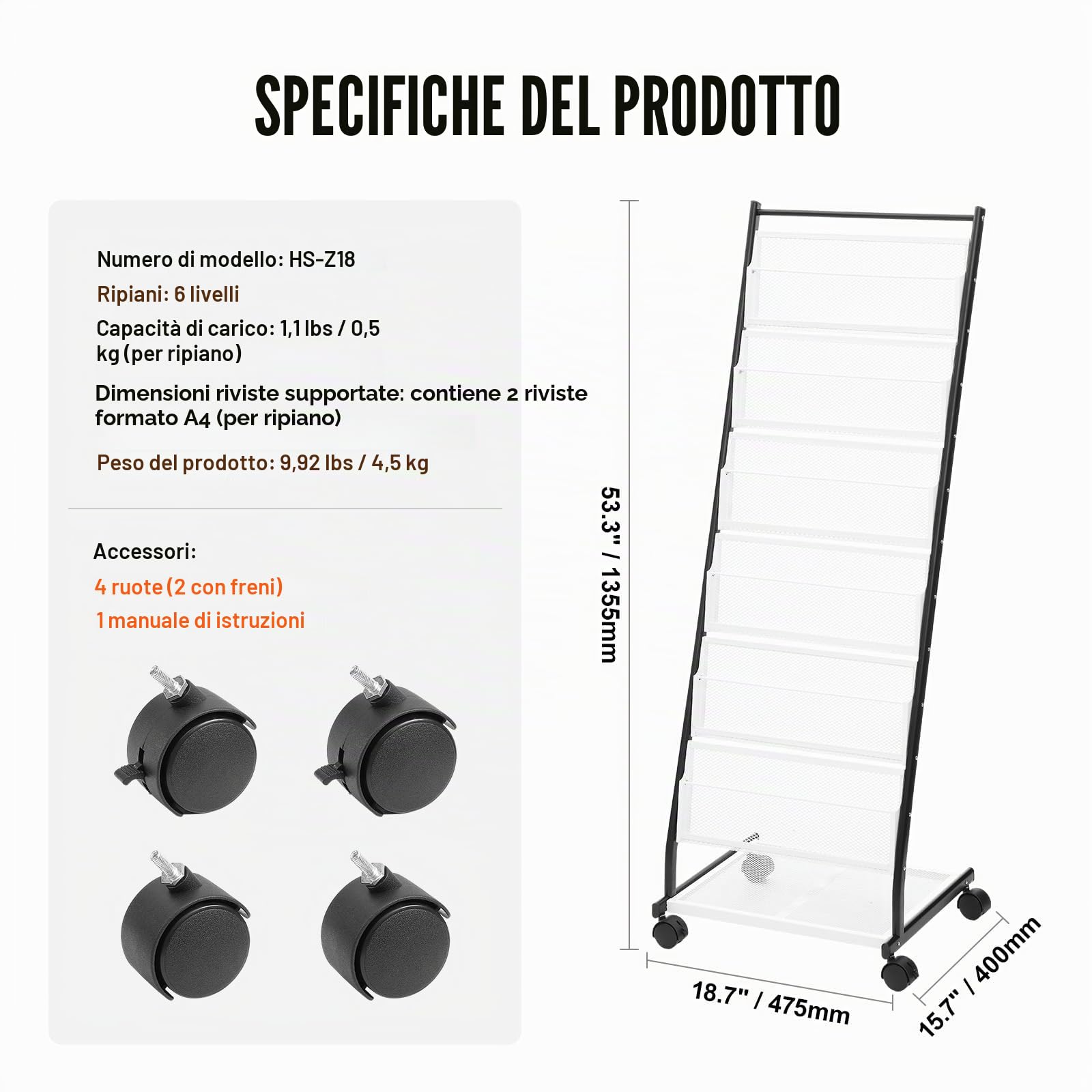 VEVOR Espositore per brochure, espositore per riviste, 6 livelli, portariviste da pavimento, supporti cataloghi di giornali, mobile con 4 ruote (2 bloccabili) per ufficio, mostre di negozi, 6 tasche