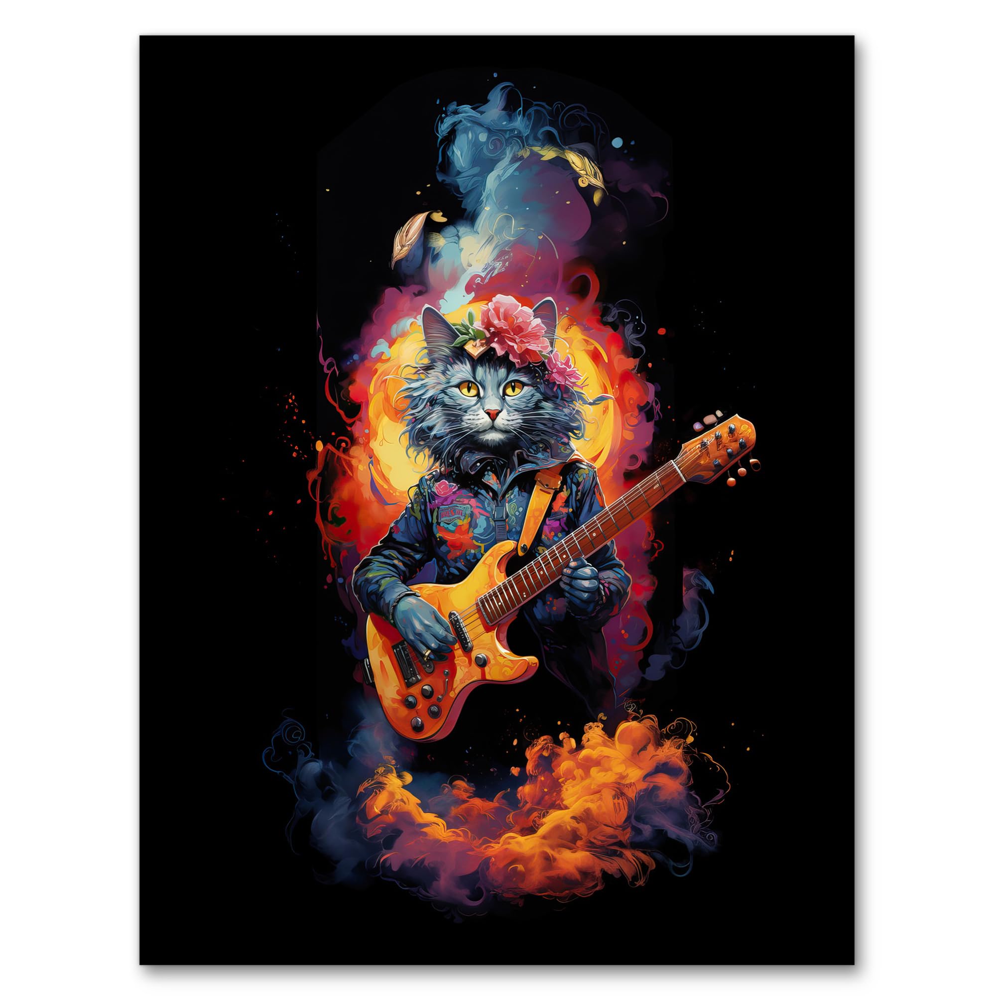 Artery8 Smelly Cat Lover Gift Pet Portrait with Guitar Conceptual Orange Blue Purple Artwork Painting Artwork Framed Wall Art Print A4