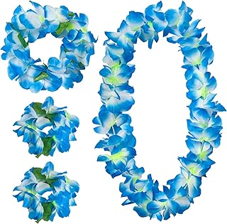 GHGMAO Hawaiian Leis Luau Party Wreath Set - Flower Necklace Headband and Bracelets, Great for Beach Wedding Birthday Holiday Hawaii Theme Party Activity Graduation Decoration (Blue)