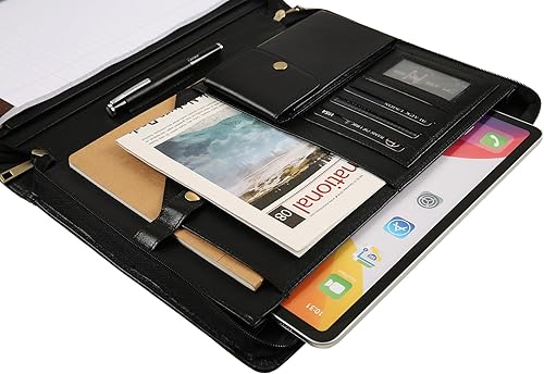 Miniatura 8 de Portafolio de cuero, organizador de cartera de negocios con cremallera para hombres, cartera personalizada con bloc legal y múltiples compartimentos