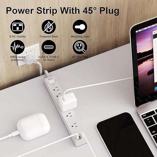 Miniatura 2 de Regleta protectora contra sobretensiones de 6 pies, cable de extensión Yintar con 6 salidas de CA y 3 puertos USB para el hogar, oficina, artículos
