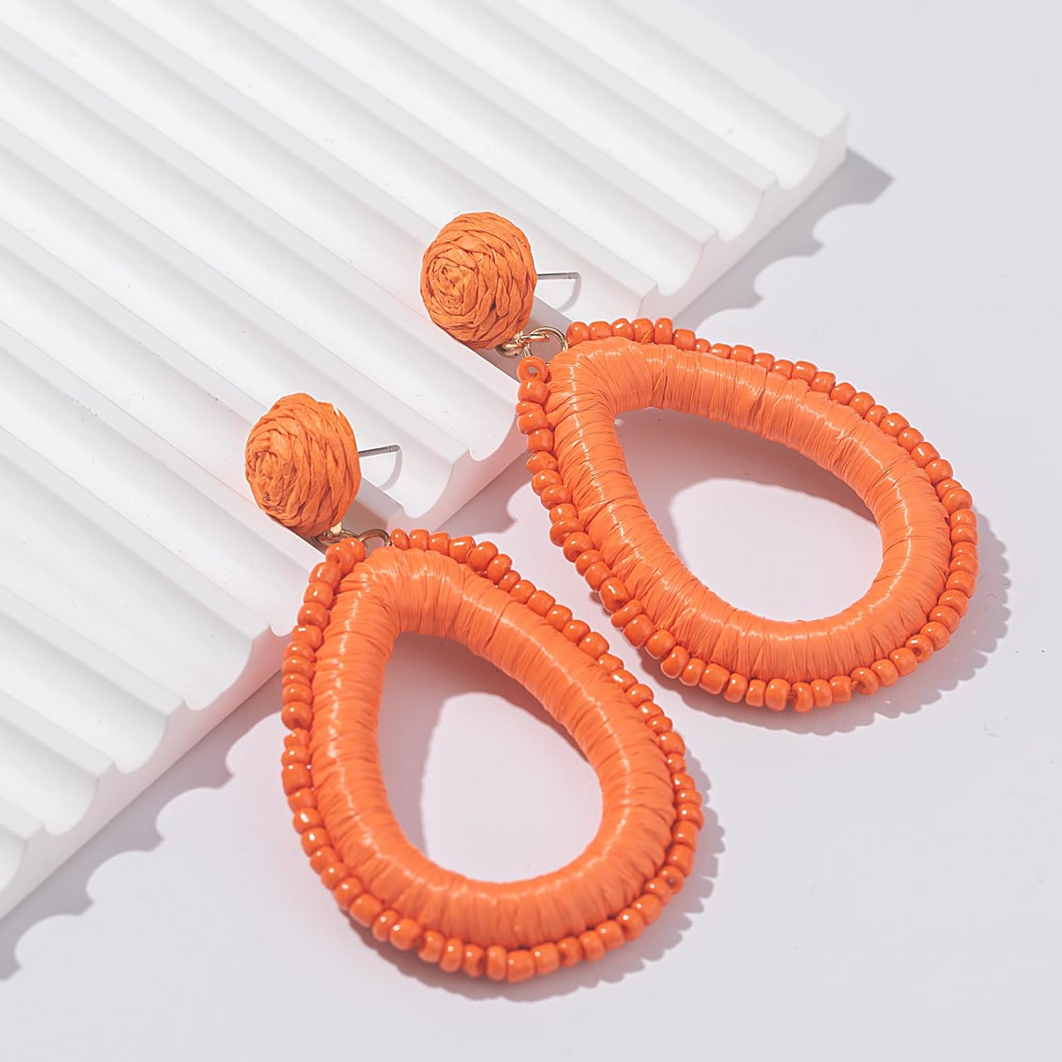 Beaded Teardrop Earrings Boho Raffia Earrings Statement Tear Drop Earrings Trendy Summer Jewelry for Women - Image 5