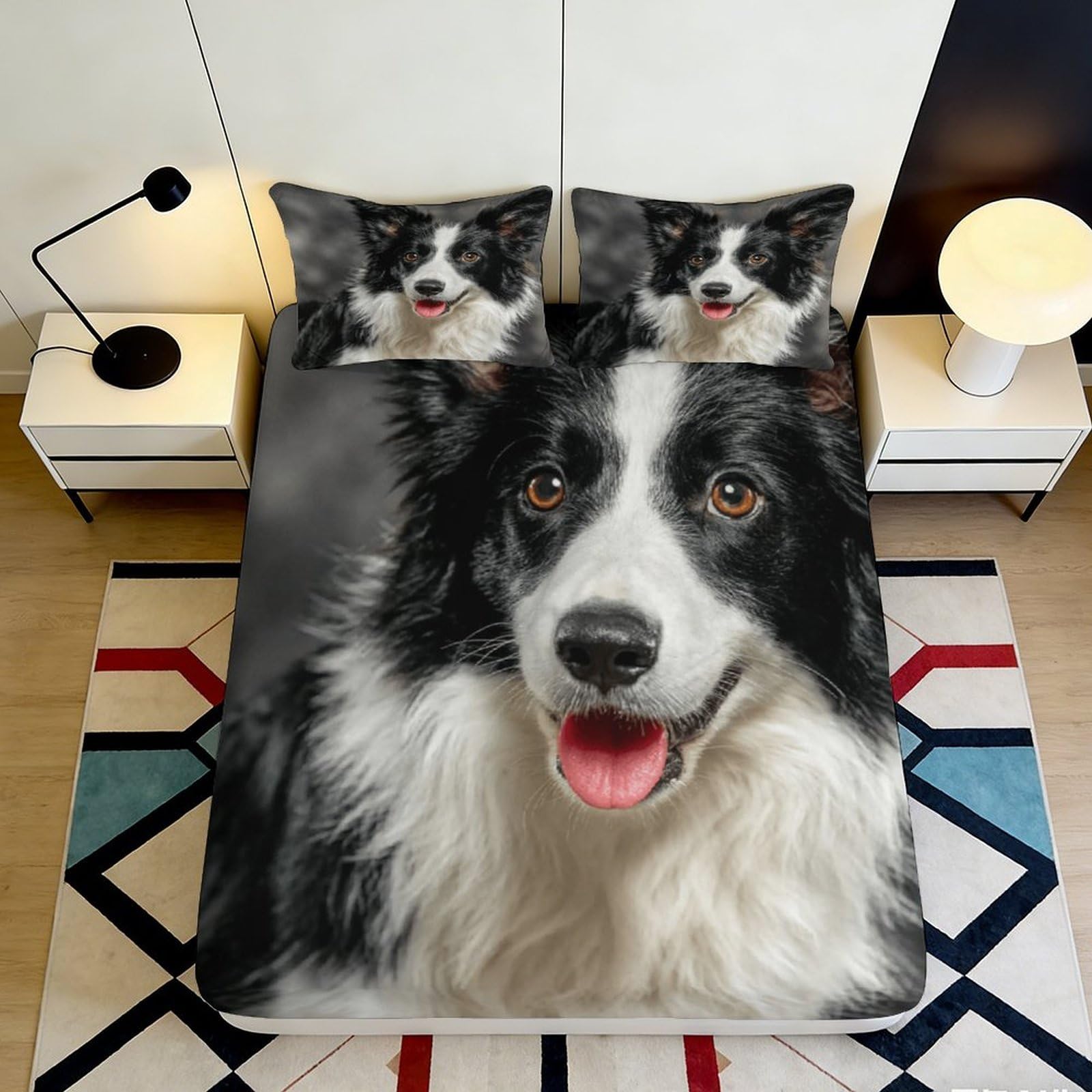 3D Printed Border Collie Fitted Sheet Microfiber Soft Breathable Dog Face Bed Cover for Bedroom Guest Room Decor 90x200x25cm
