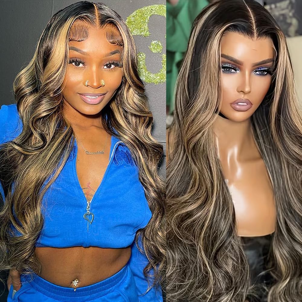 Ombre Highlight 13X6 Body Wave Lace Front Wigs Human Hair FB/27 Brown Colored HD Transparent Lace Frontal Wigs Pre Plucked 180% Density 30 Inch Balayage Glueless Wig for Women