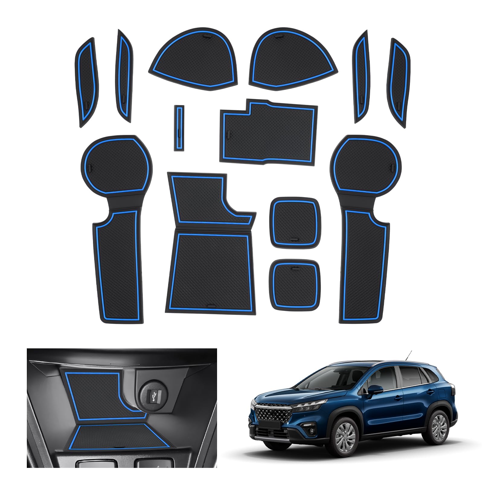 LUWU Antislipmatten Set (13-delig) Voor Suzuki S-Cross Hybrid 2022-2025 – Zacht PVC, Opbergvakken & Bekerhouder – Zwarte Interieur Accessoires