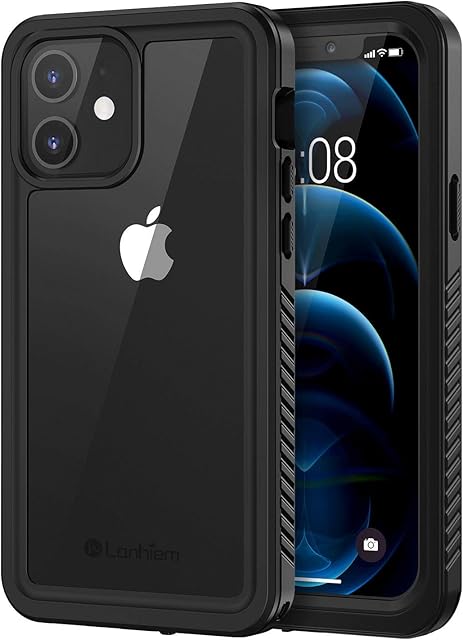 Lanhiem for iPhone 12 Case, IP68 Waterproof Dustproof Shockproof Cases with Built-in Screen Protector, Full Body Sealed Protective Front and Back Cover for iPhone 12-6.1 inch (Black)