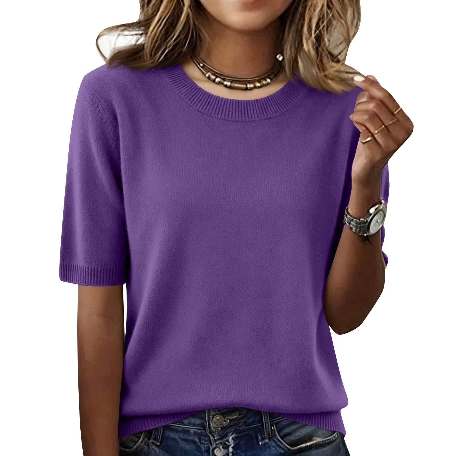 Elbow Sleeve Tops Women Loose Fit Cashmere Sweaters Crew Neck T Shirts Dressy Lightweight Half Sleeve Spring Blouses