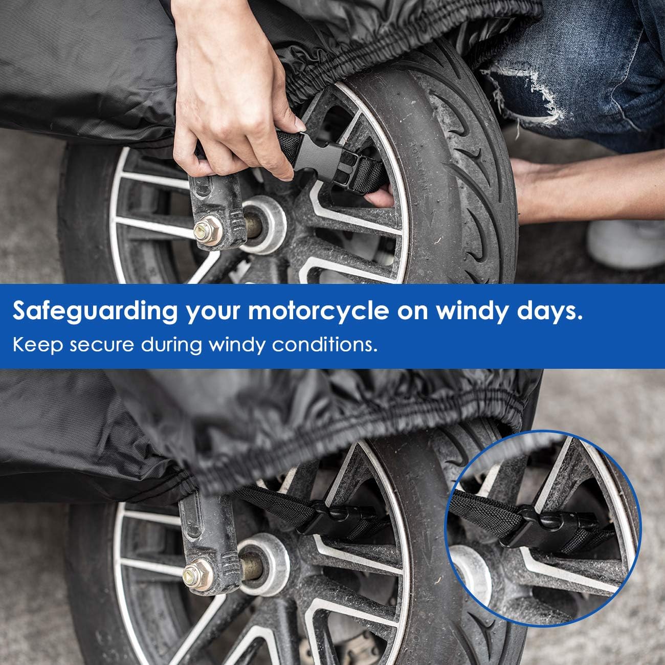 Favoto Motorcycle Cover 116" All Season with Night Reflective Stripes + Favoto Disc Lock Alarm for Motorcycle e-Bike Bicycle Scooter