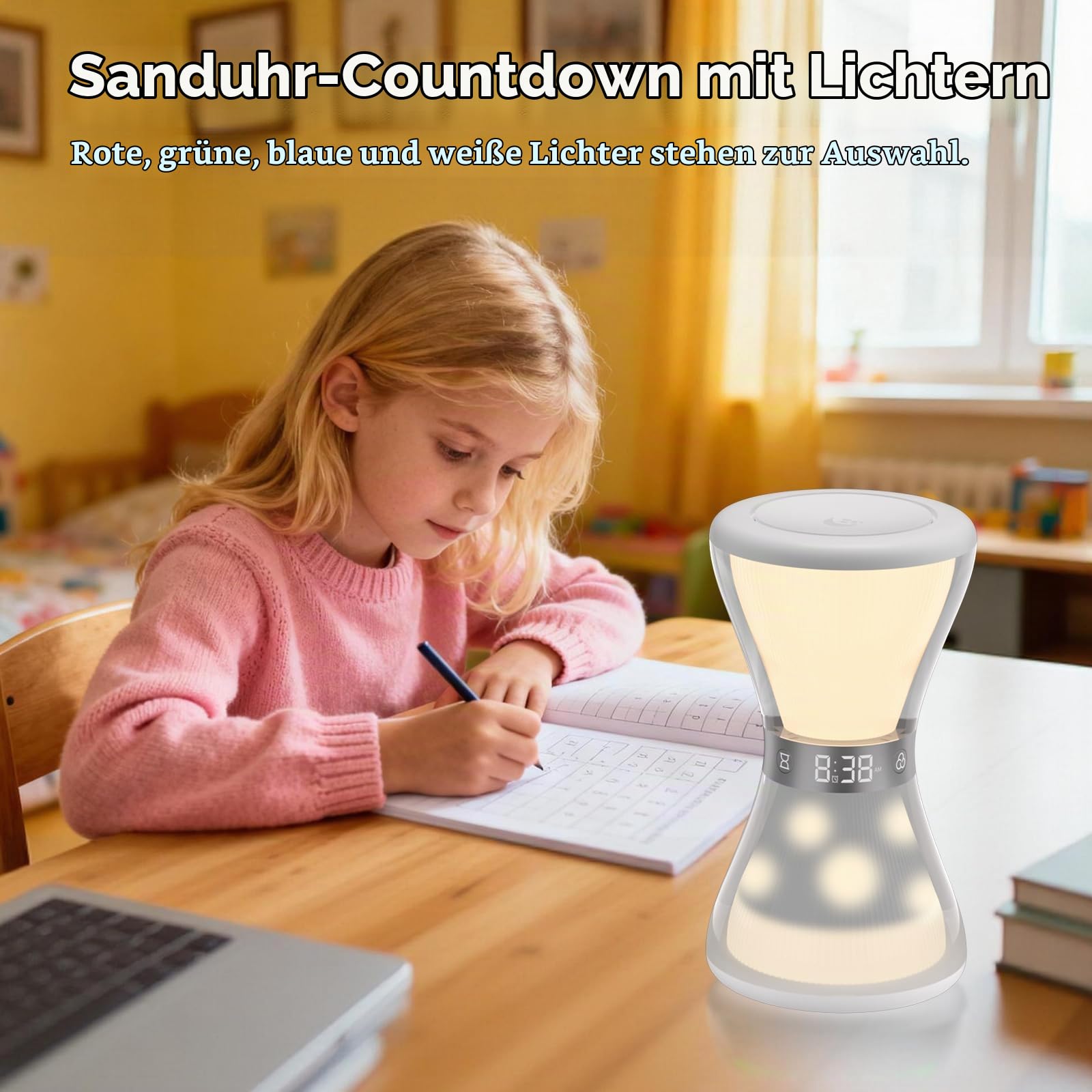 AFEXOA Digital Wecker mit Licht,Sanduhrform Tischuhr mit Snooze,Timer 5-90min,Dimmbar Nachtlicht,Geschenk für Mädchen Frauen Kinder Tageslichtwecker mit Regenbogen Stimmungslicht für Schlafzimmer
