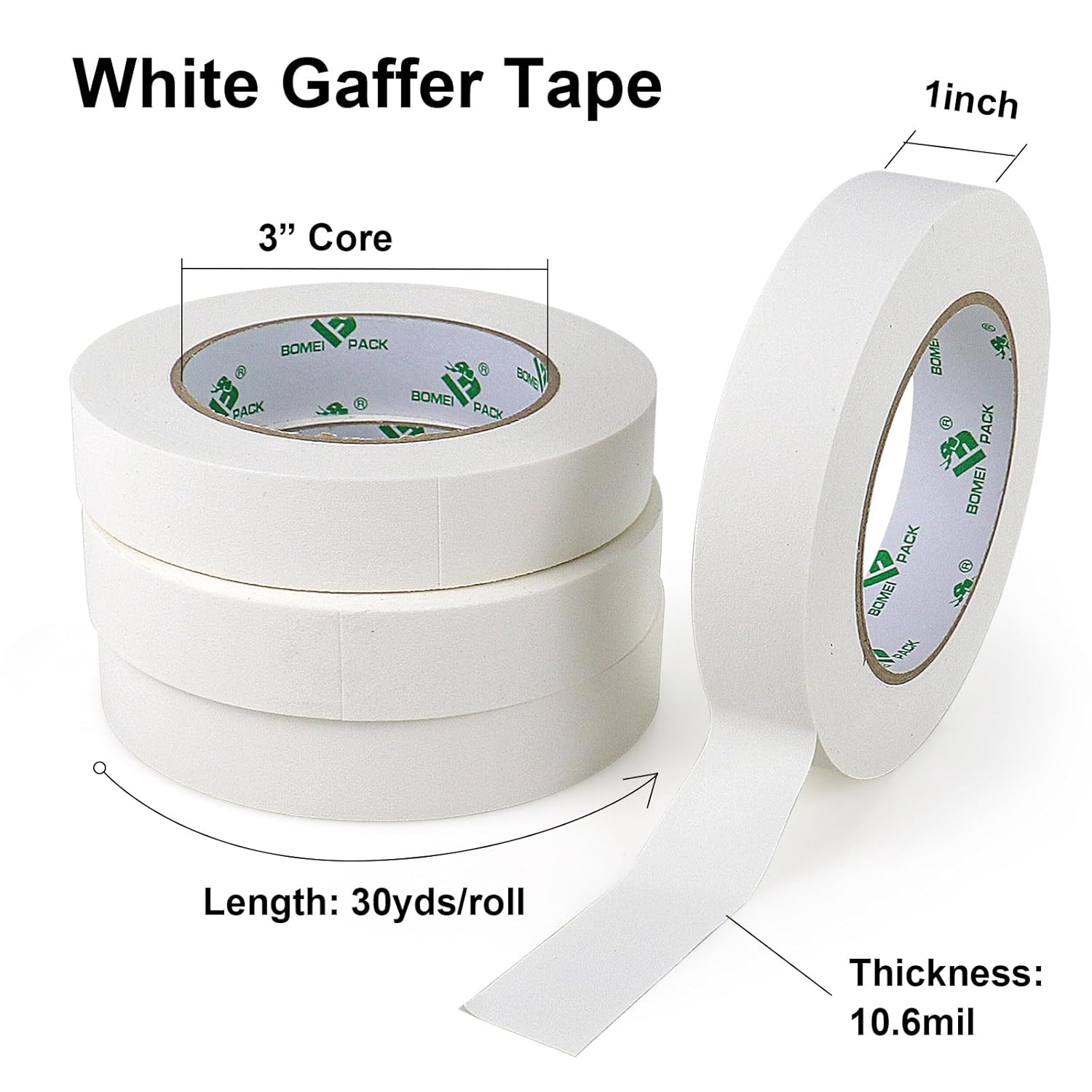 BOMEI PACK White Gaffer Tape, Matte Non-Reflective, 4 Pack 1inch x 30yds No Residue Hand Tear Self-Adhesive Gaffer Tape for Labeling,Photo Studio, Painters
